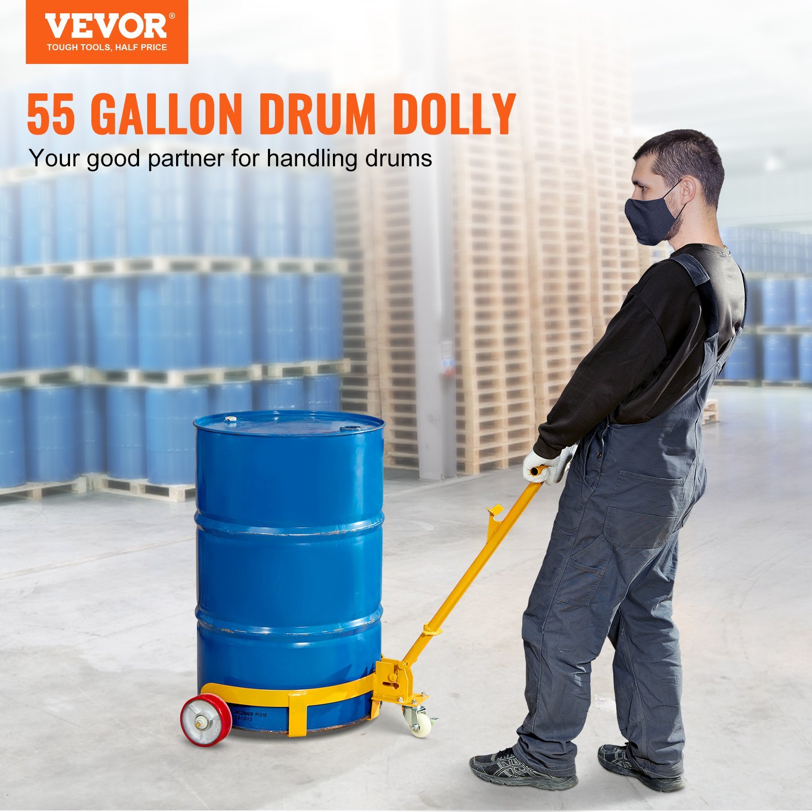 55 Gallon Drum Dolly, 1200 Lbs Load Capacity, Barrel Dolly Cart Drum Caddy Round Dolly Steel Low Profile, Heavy Duty Steel Frame With Adjustable Handle 3 Wheels, For Workshop Factory Warehouse - Image 2