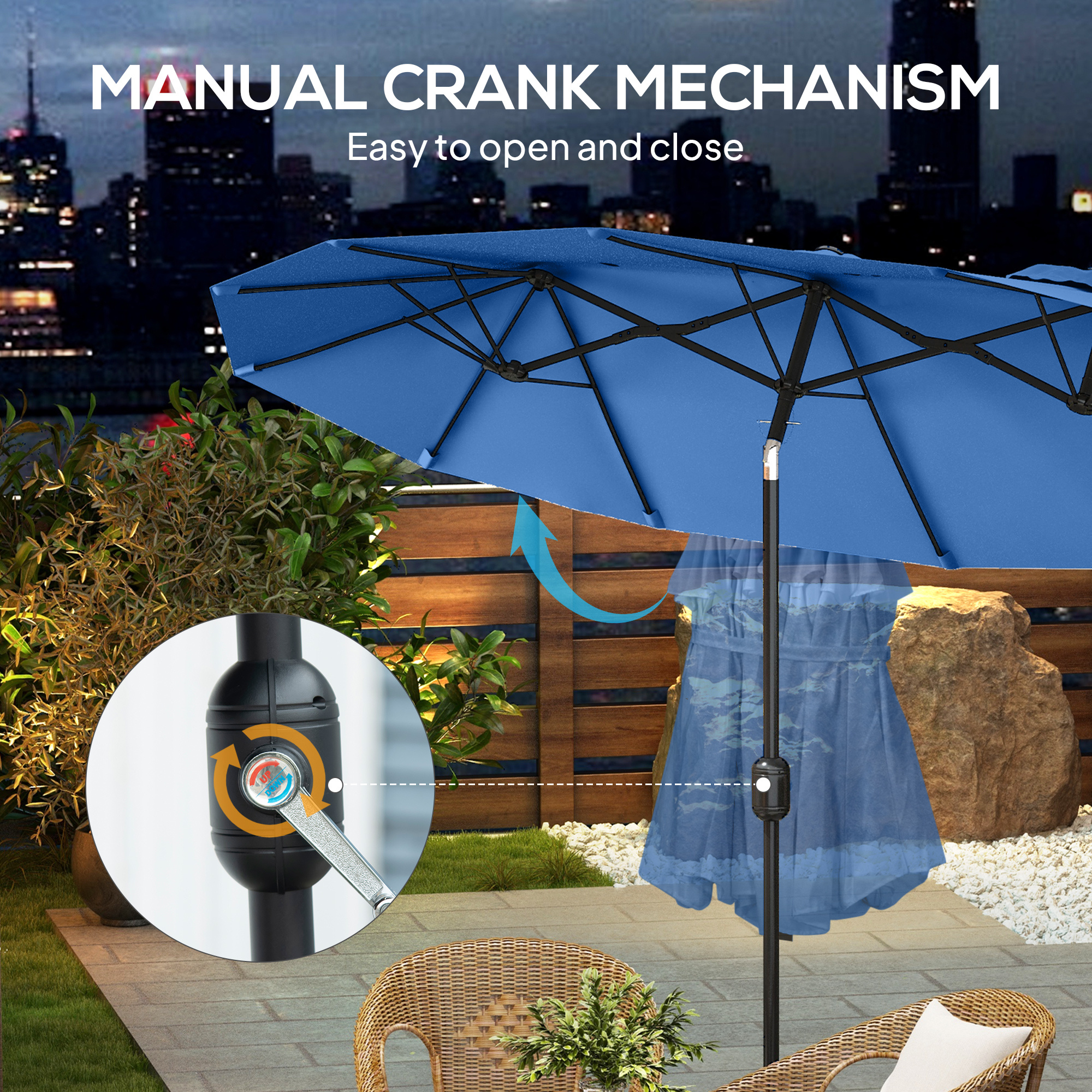 Double-sided Patio Umbrella, 9.5 Outdoor Umbrella With Push Button Tilt And Crank, 3 Air Vents And 12 Ribs, Navy Blue - Image 4