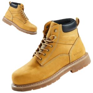 Steel Toe Work Boots, UK Size 9.5, Waterproof Work Boots For Men, Slip-Resistant Work Boot, Lightweight And Breathable Rubber Sole Mens Boots For Industry Construction, Brown Yellow