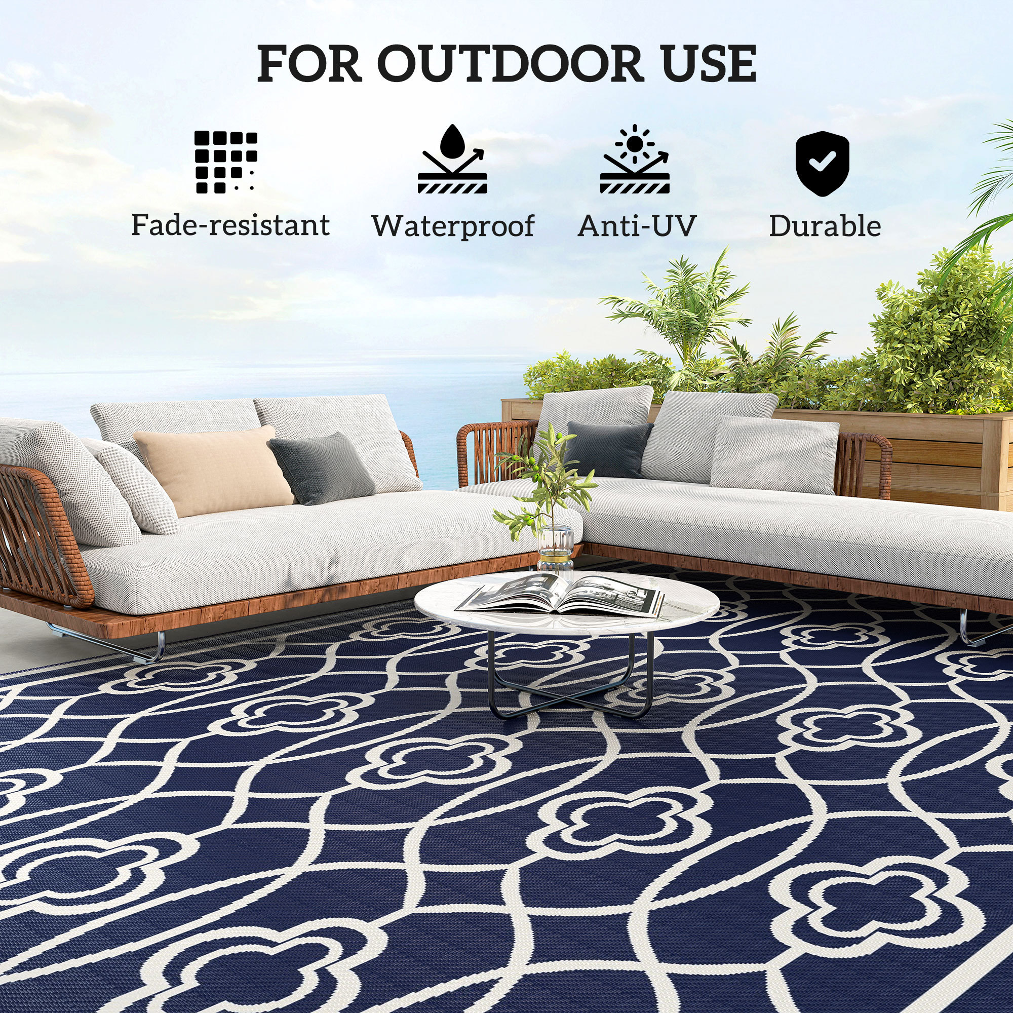Reversible Outdoor Rug, Waterproof Plastic Straw With Carry Bag, 9 X 18, Blue & White Lantern - Image 6