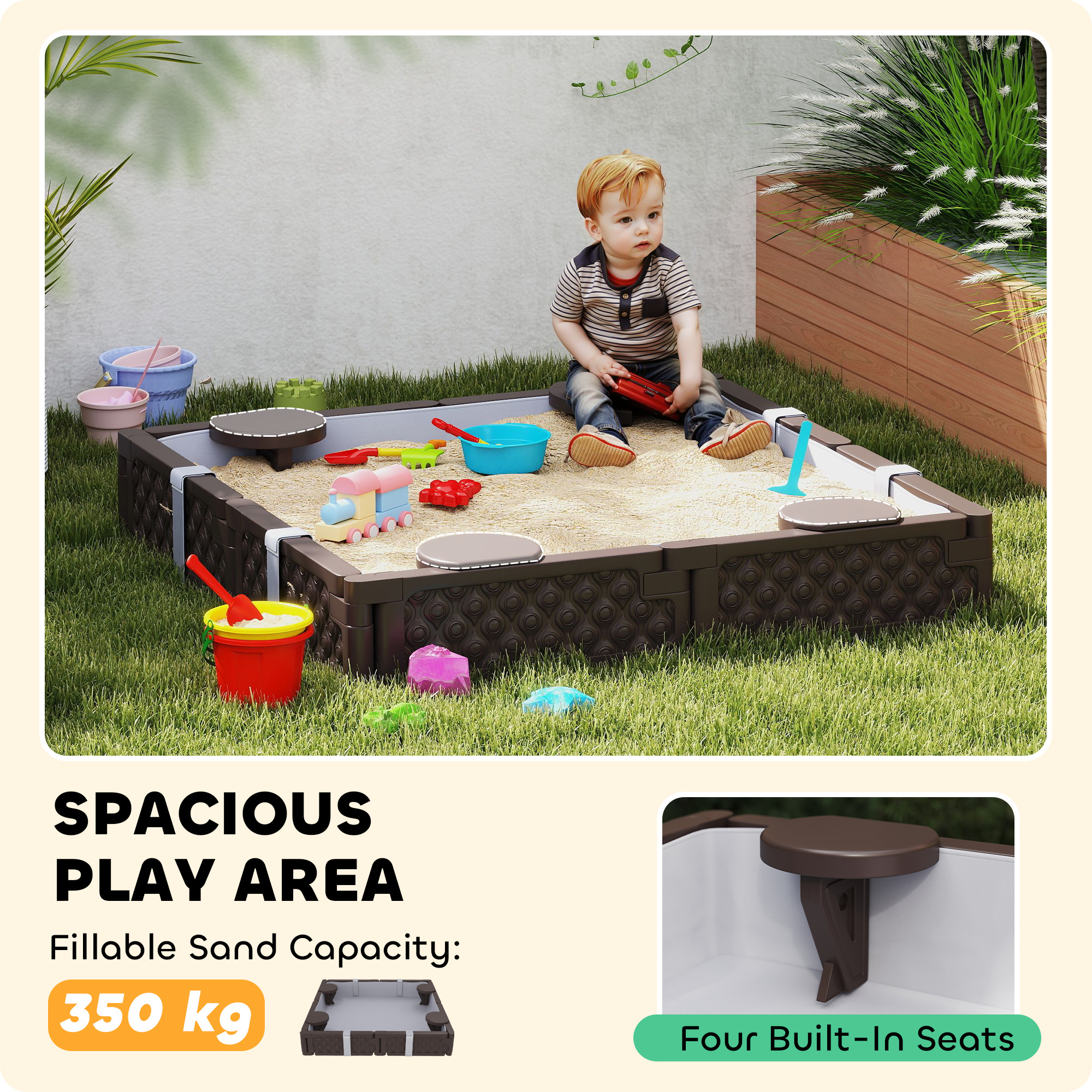 Kids Sandbox With Cover, 4 Corner Seats, Bottom Liner For Backyard, Garden, Outdoor, 47 X 47 X 9, Dark Brown - Image 4
