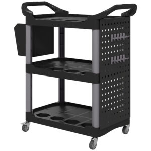 3-Tier Rolling Tool Cart, 200 LBS Capacity Plastic Utility Cart With Side Shelf And Bucket, Black And Light Gray