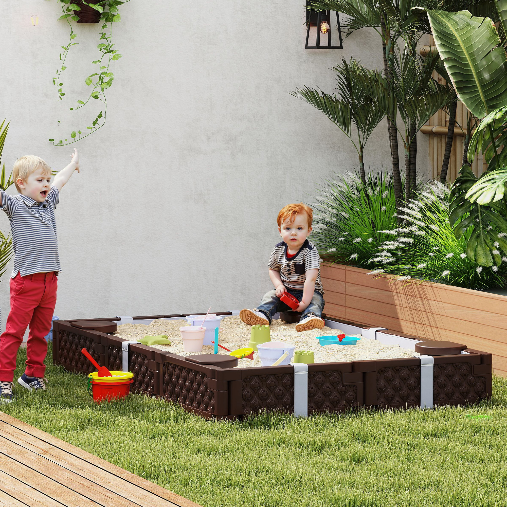 Kids Sandbox With Cover, 4 Corner Seats, Bottom Liner For Backyard, Garden, Outdoor, 73 X 47 X 9, Dark Brown - Image 5