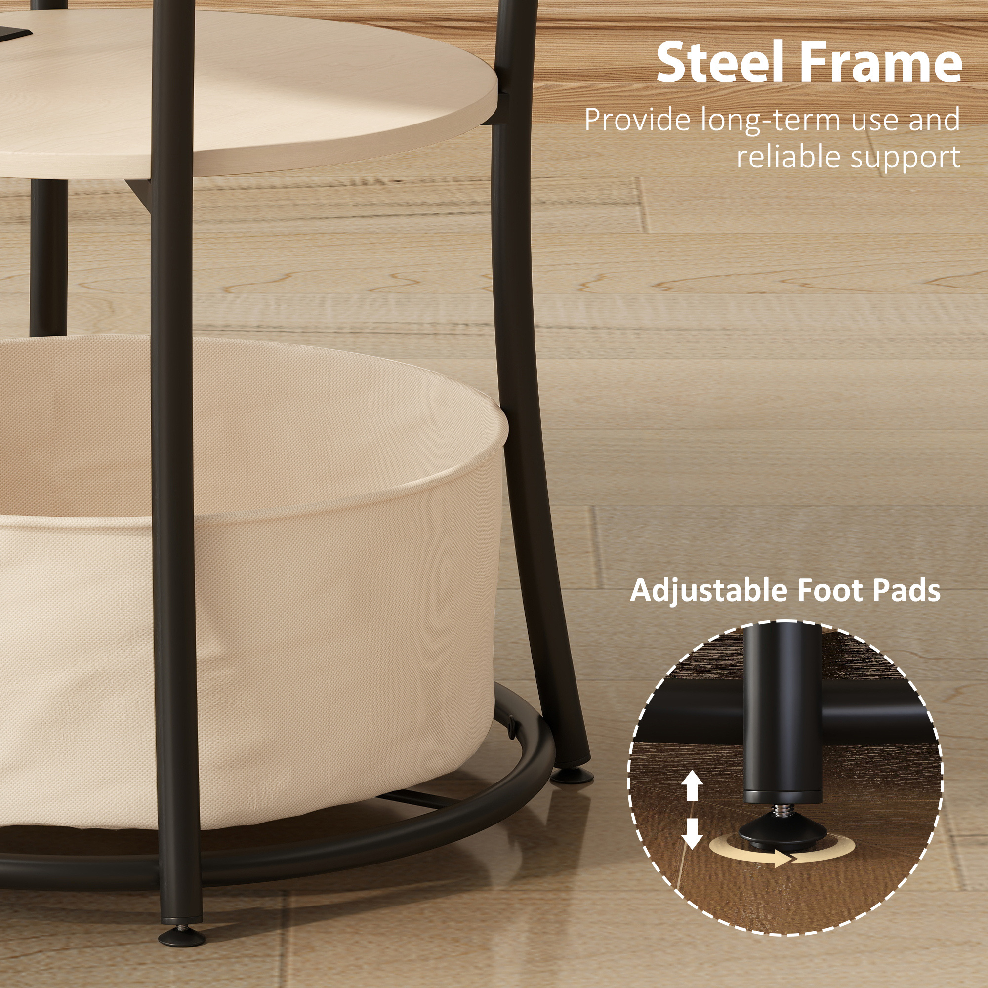 Round Side Table With Charging Station, 3-Tier End Table With Fabric Storage Bag And Shelf, Natural Wood - Image 5