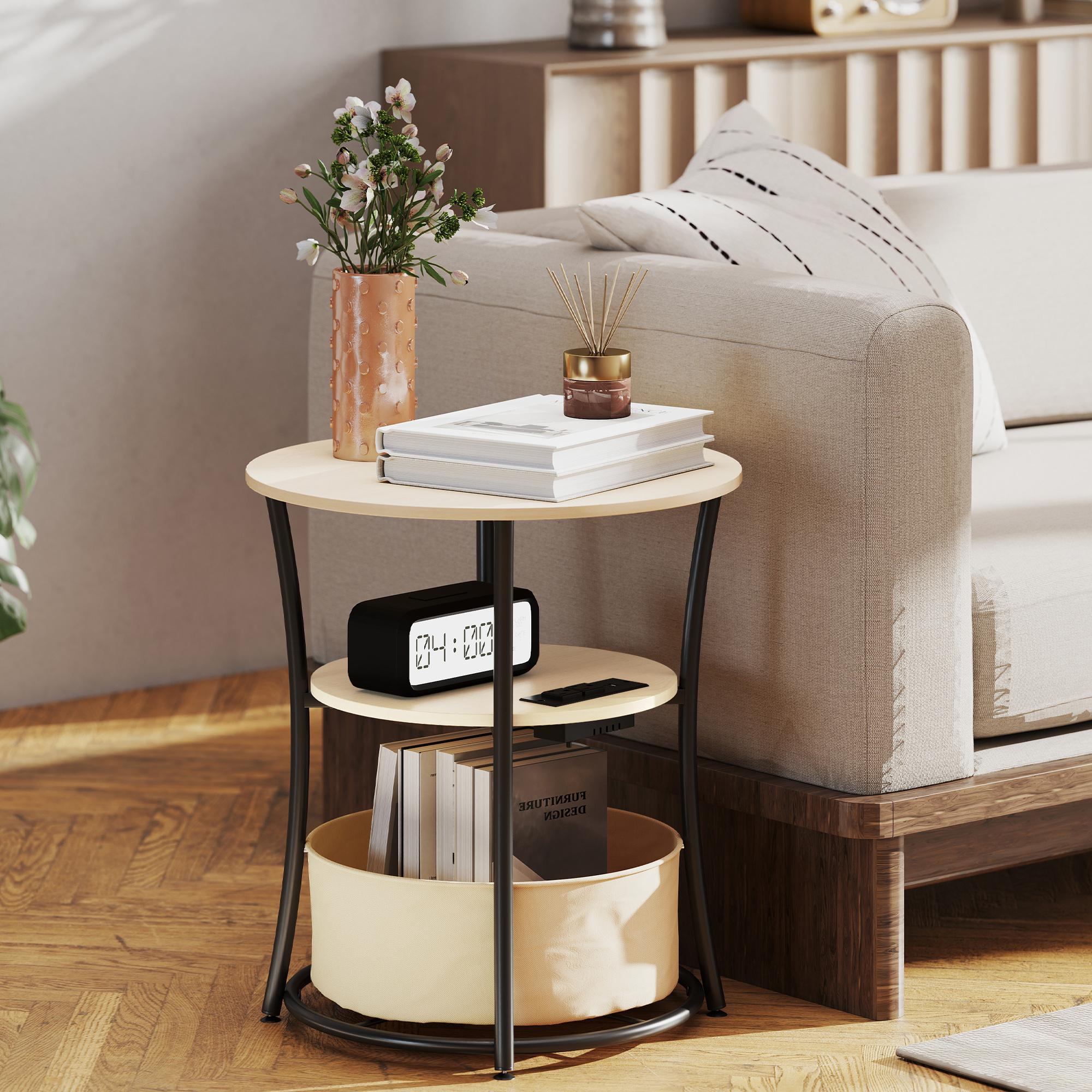 Round Side Table With Charging Station, 3-Tier End Table With Fabric Storage Bag And Shelf, Natural Wood - Image 3