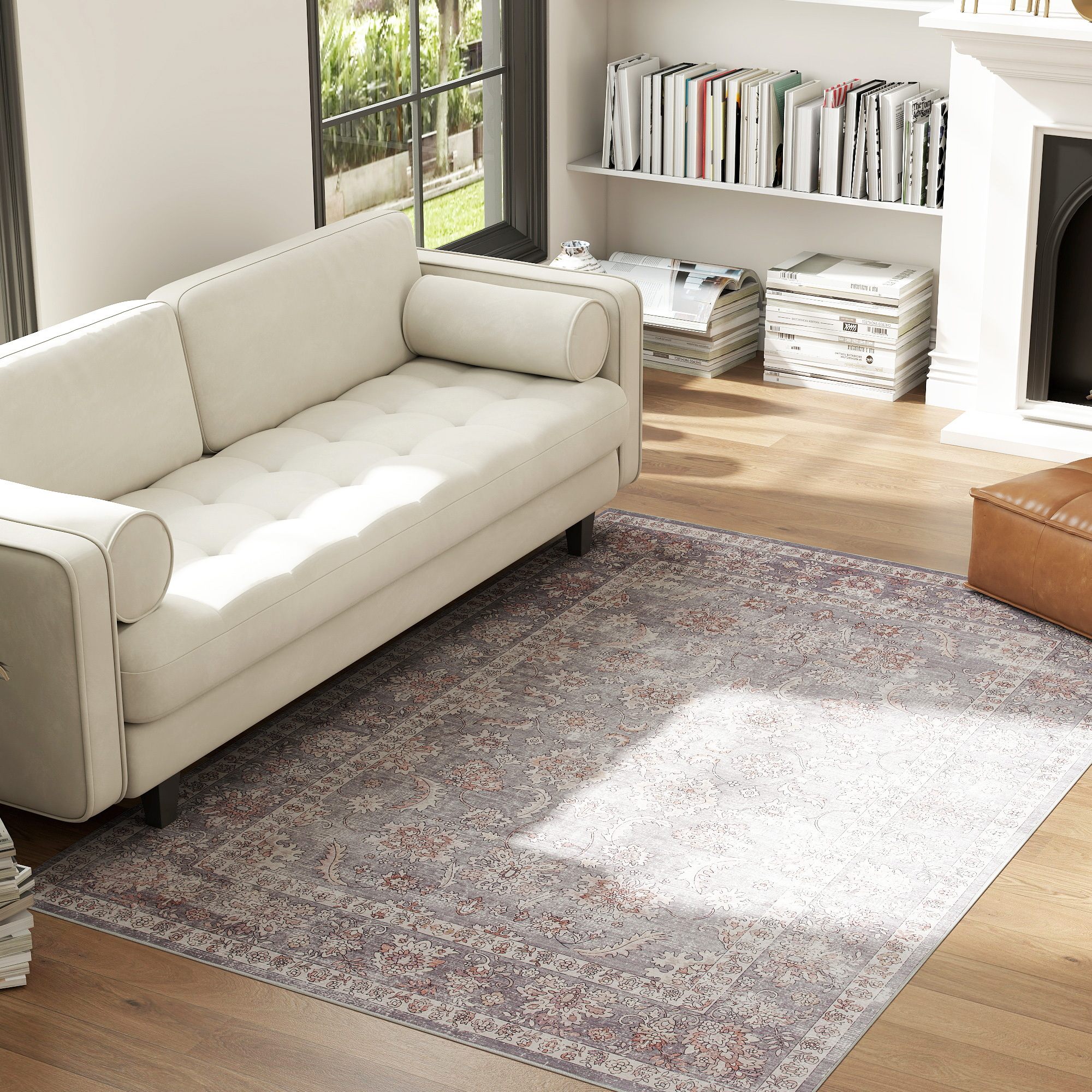 Machine Washable Area Rug 4x6, Non-Slip Traditional Flower Print Floor Carpet For Living Room, Bedroom, Grey And Brown - Image 3