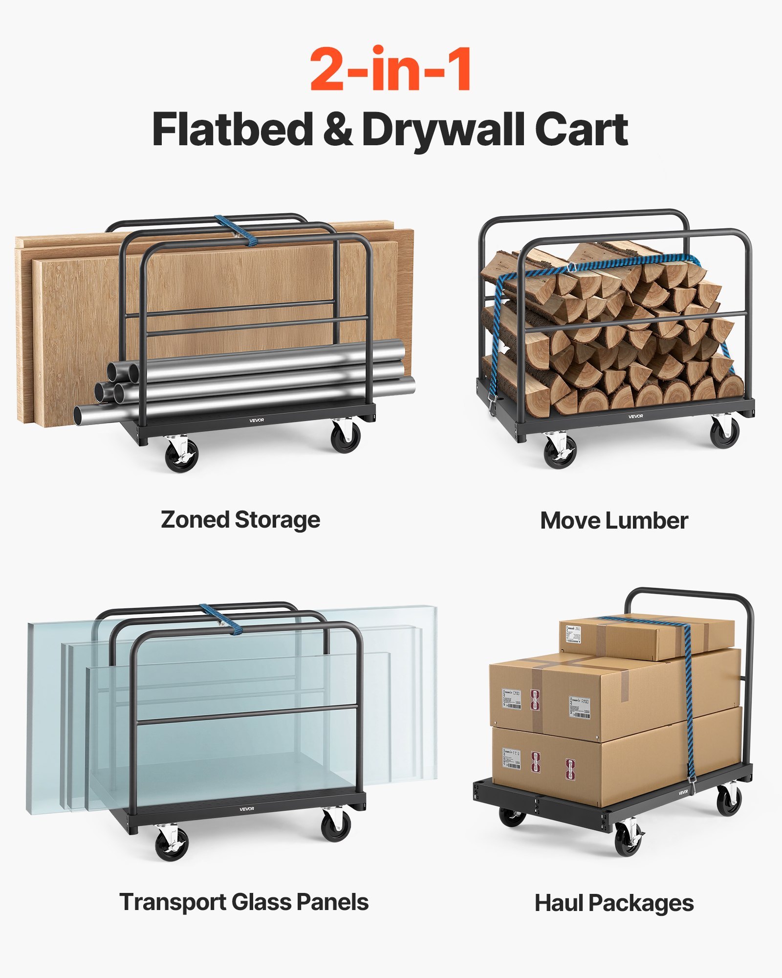 Drywall Cart Dolly, 1800 Lbs Load Capacity, 2-in-1 Steel Panel Truck Cart With 5 Inch Swivel Casters, 36 X 24 Inch Platform Truck With 4 Side Handrails For Factory, Warehouse, Garage, Black - Image 4