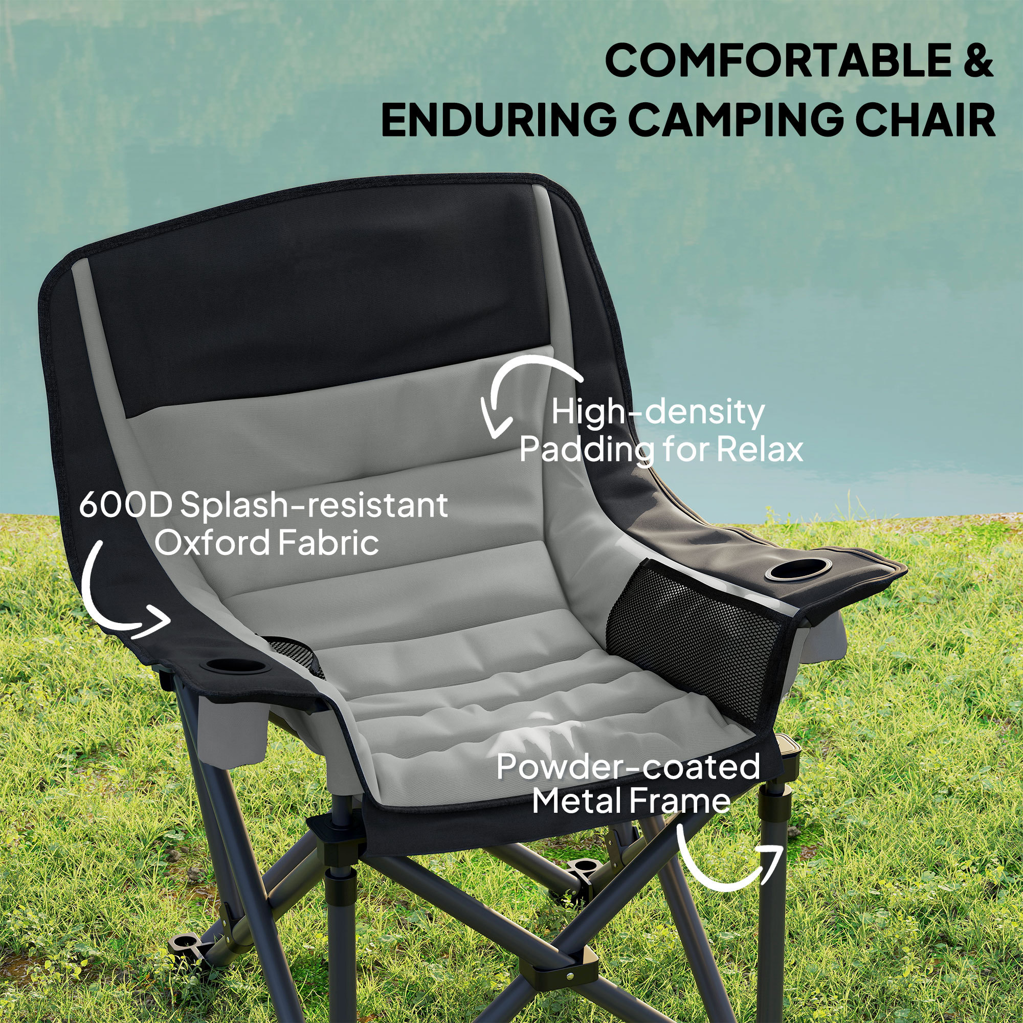 Camping Chair For Adults, Portable Folding Camping Chair With Side Pockets, Cup Holders, Carry Bag, Black And Gray - Image 2