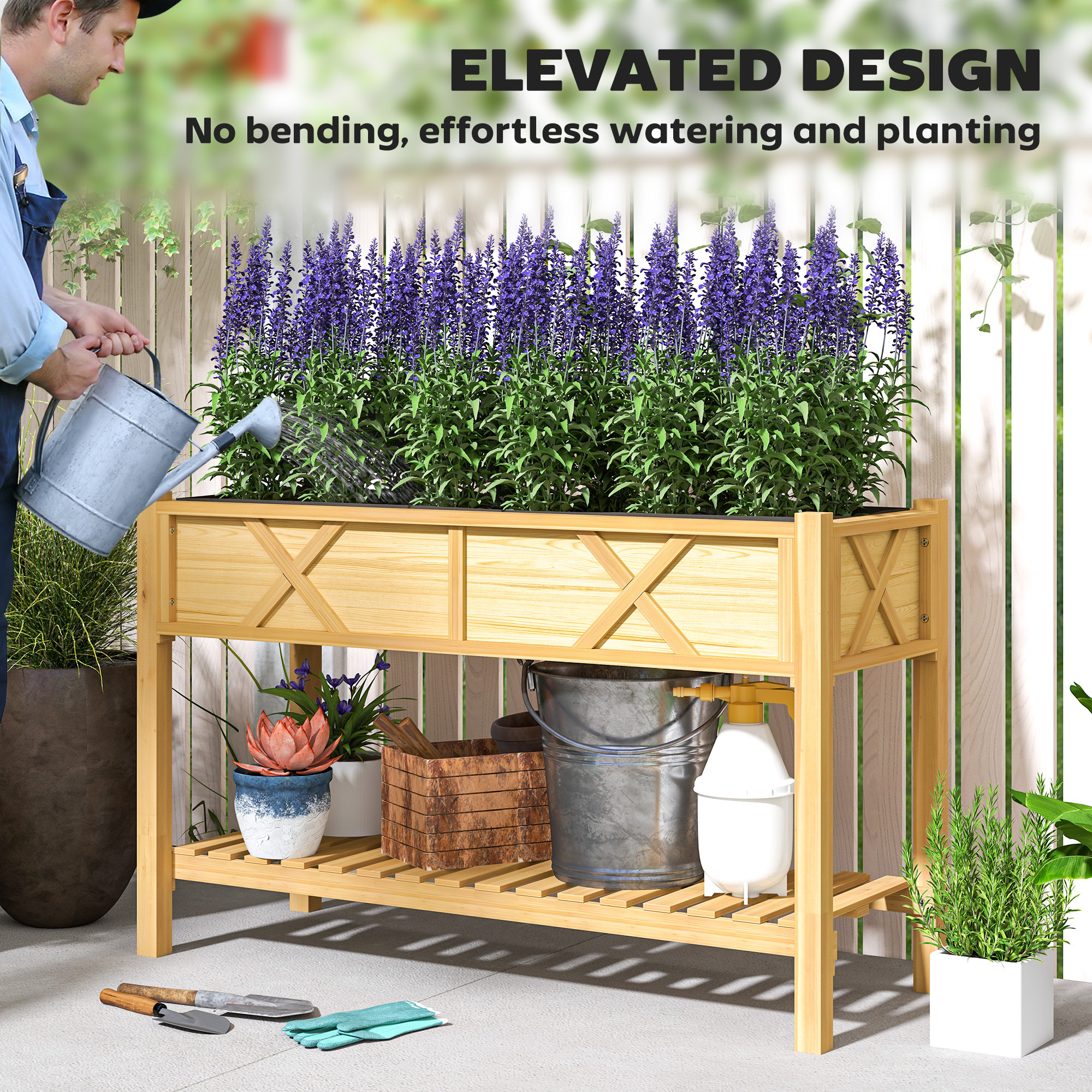 Raised Garden Bed, 47 X 22 X 31.5 In. Elevated Wood Planter Box With Storage Shelf, Drainage Holes, And Liner, Natural - Image 4