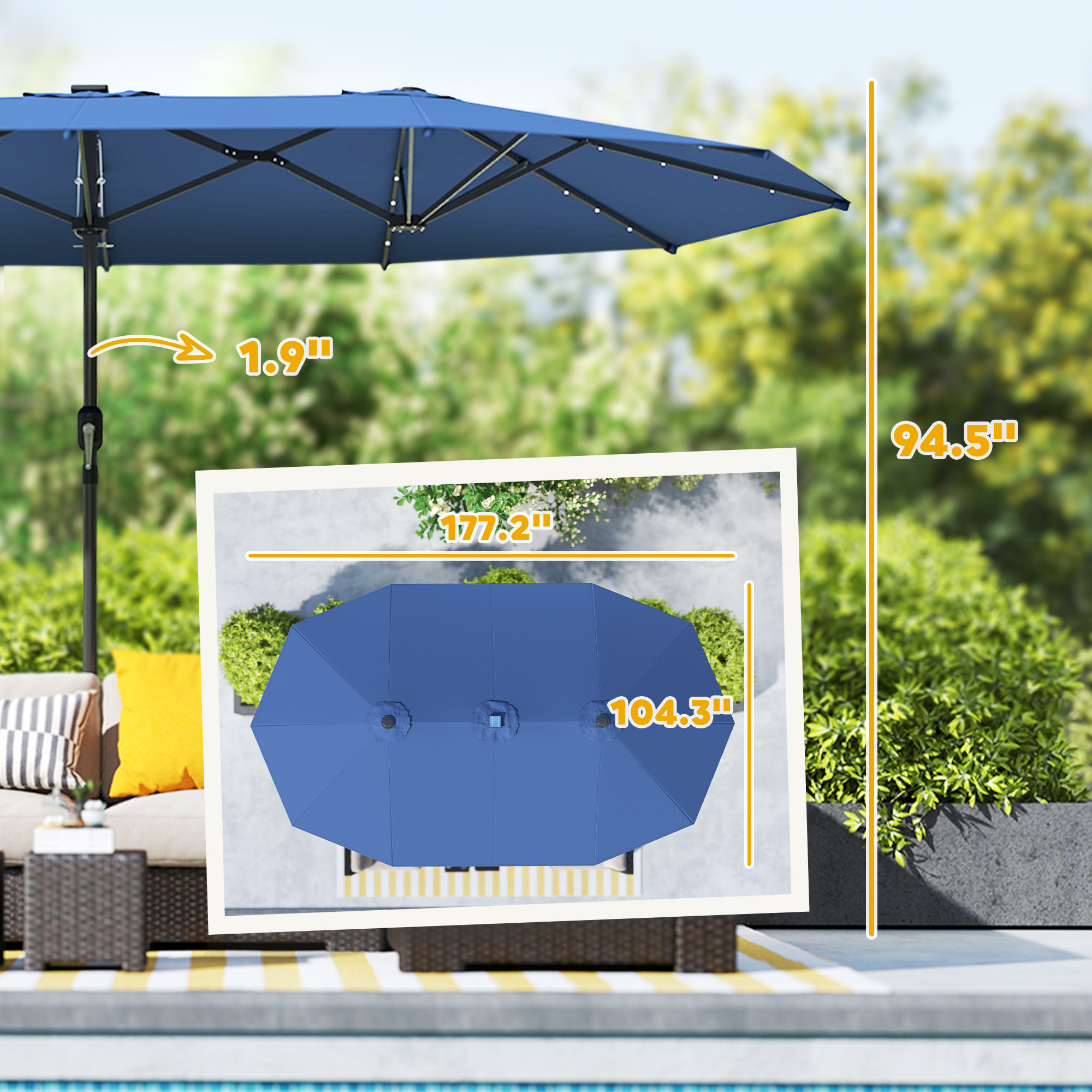 Garden Parasol, Double-Sided Sun Umbrella With LED Solar Lights, Patio Parasol For Outdoor, Blue - Image 2