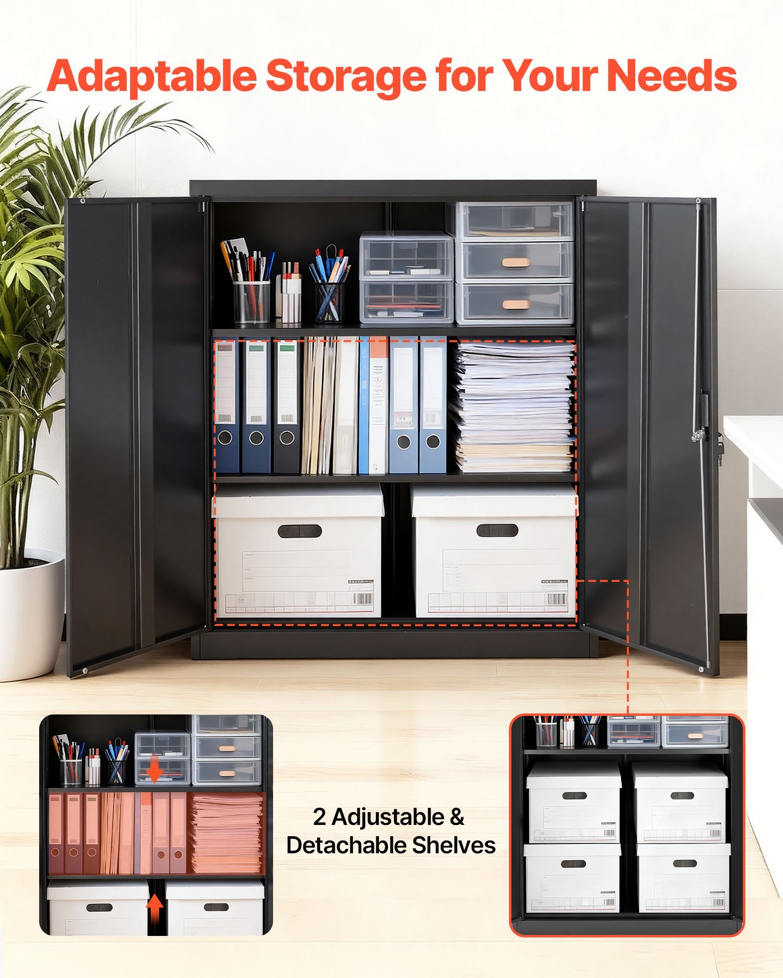 Metal Storage Cabinet, 41.7 In Steel Garage Cabinet With 2 Adjustable Shelves, 2 Magnetic Doors & 2 Keys, 3 Tiers Lockable Tool Storage For Pantry, Warehouse, Basement, Office, Black - Image 2