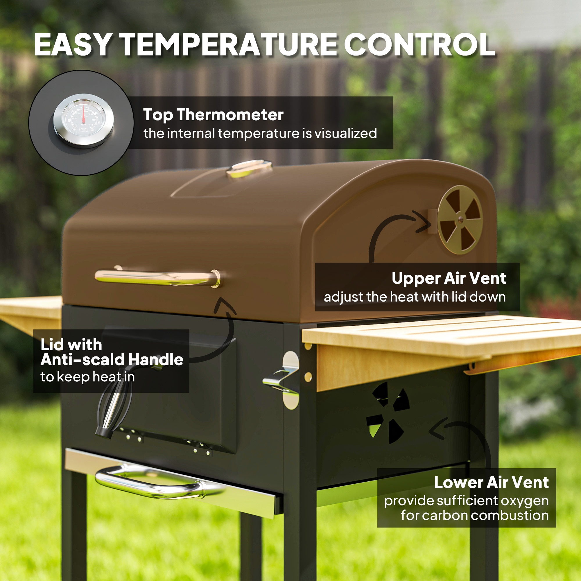 Charcoal BBQ Grill With 245 Sq. In. Cooking Area, Adjustable Charcoal Pan, 3 Shelves, Thermometer, Black - Image 2