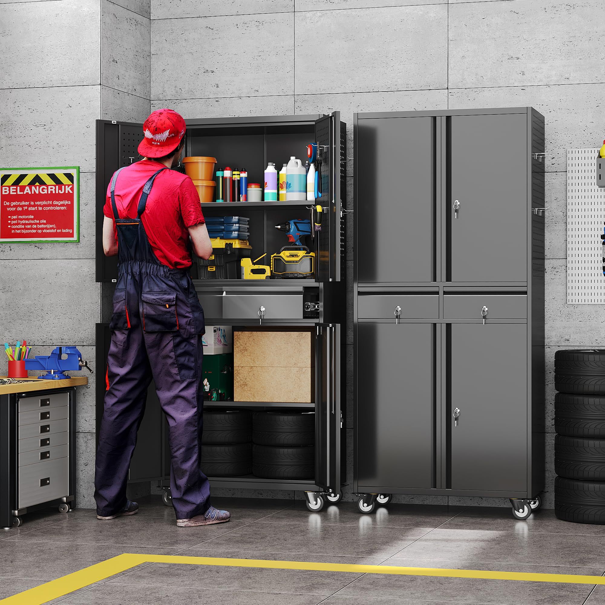 Metal Garage Storage Cabinet With 2 Drawers And 2 Adjustable Shelves, Rolling Tool Storage Cabinet With Wheels And Locking Doors For Garage, Warehouse, Black - Image 9