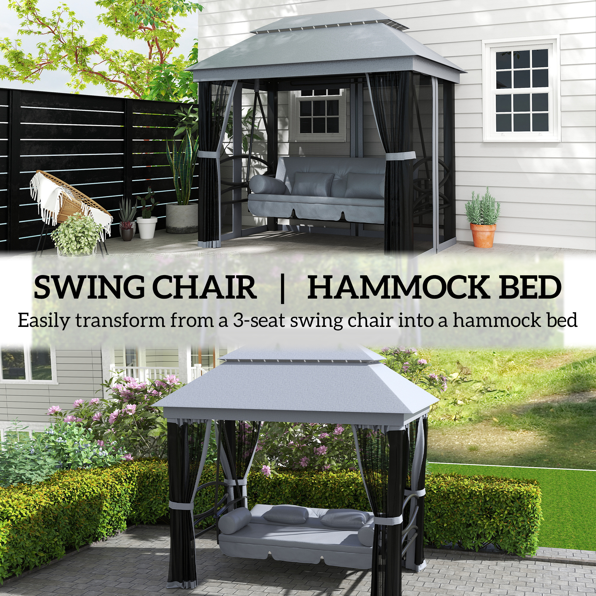 3-Seat Patio Swing Chair, Outdoor Gazebo Swing With Double Tier Canopy, Mesh Sidewalls, Cushioned Seat And Pillows, Gray