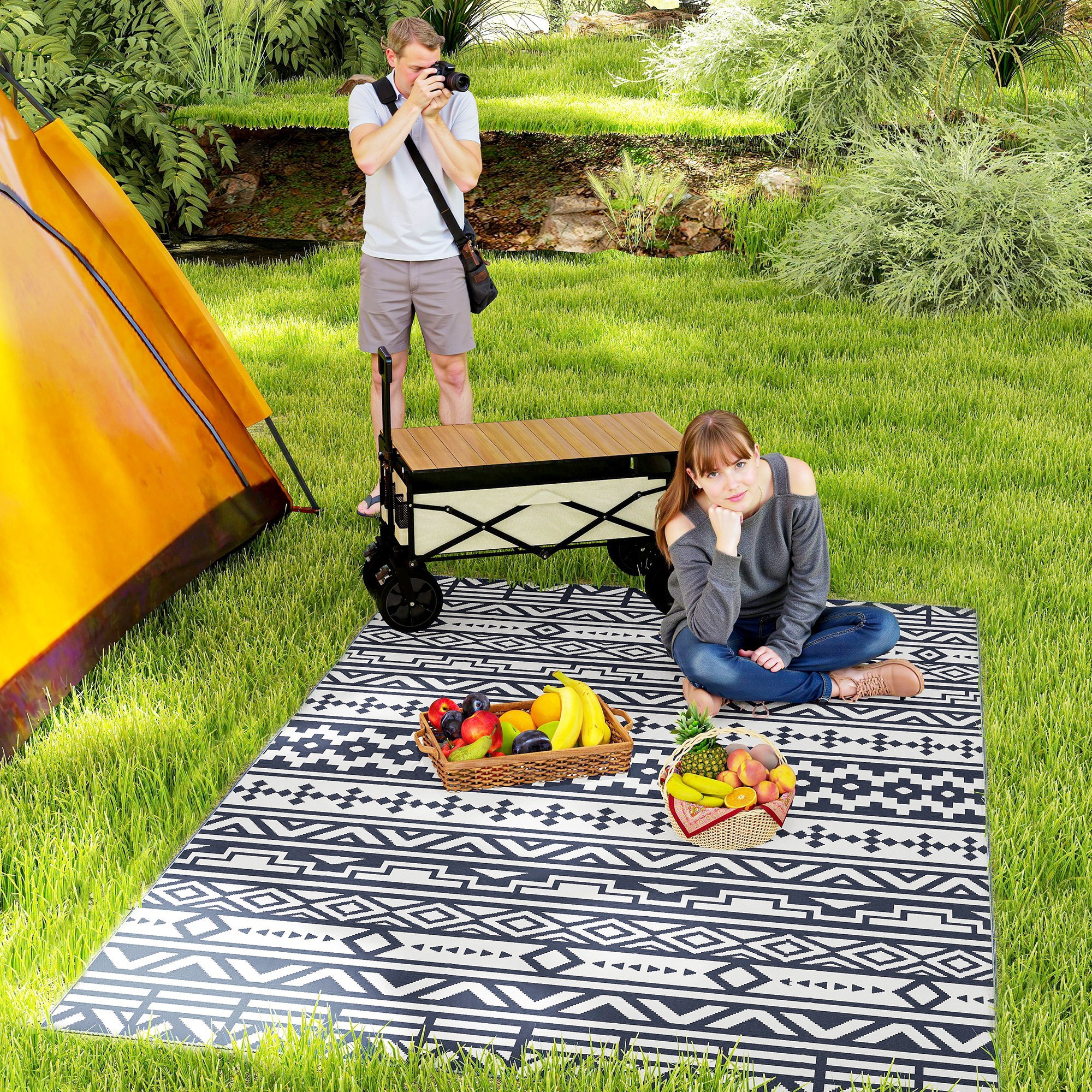 Reversible Outdoor Rug, Waterproof Plastic Straw With Carry Bag, 6 X 9, Blue White Geometric - Image 2