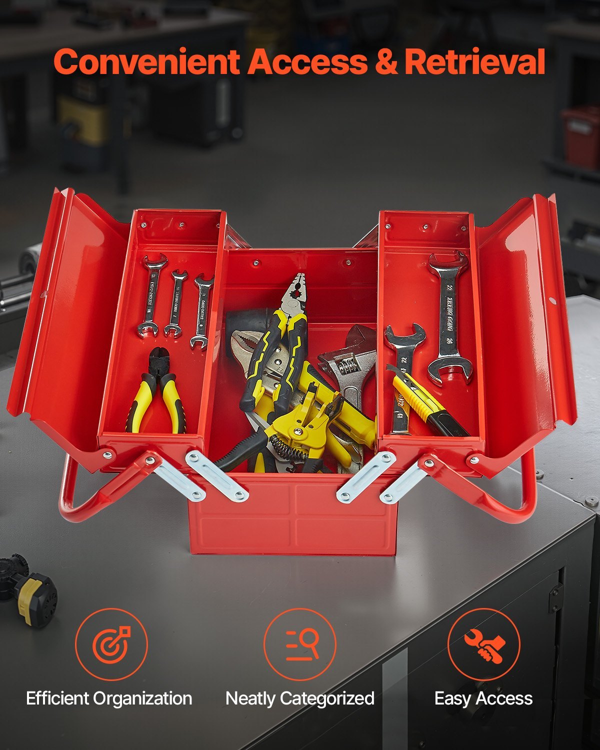Metal Tool Box, 14-inch, 2-Tier 3-Tray Portable Folding Tool Chest Organizer With Handle & Lock Hole, Powder Coated Steel, Cantilever Toolbox For Household Factory Warehouse Repair Shop, Red - Image 4
