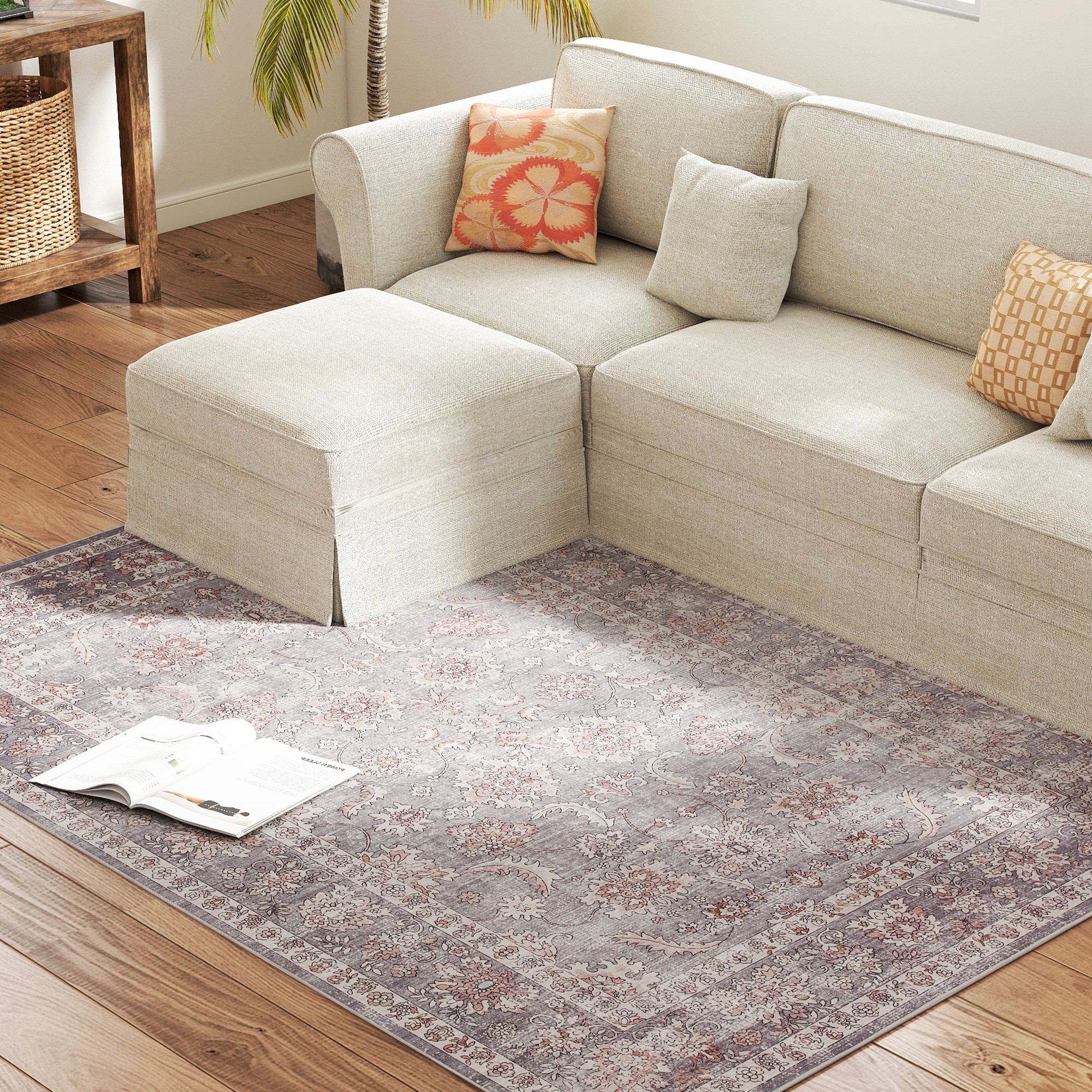 Machine Washable Area Rug 4x6, Non-Slip Traditional Flower Print Floor Carpet For Living Room, Bedroom, Grey And Brown - Image 5