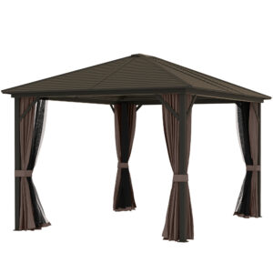 10 X 12 Hardtop Gazebo With Curtains And Netting, Gazebo Canopy With Aluminum Frame And Hooks, Coffee
