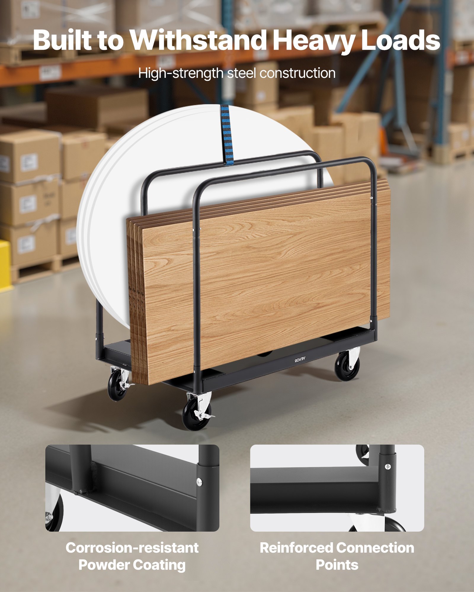 Drywall Cart Dolly, 1800 Lbs Load Capacity, Steel Panel Truck Cart With 5 Inch Swivel Casters, Lumber Drywall Dolly With With Tie-Down Strap & 3 Side Handrails For Factory, Warehouse, Garage, Black - Image 3