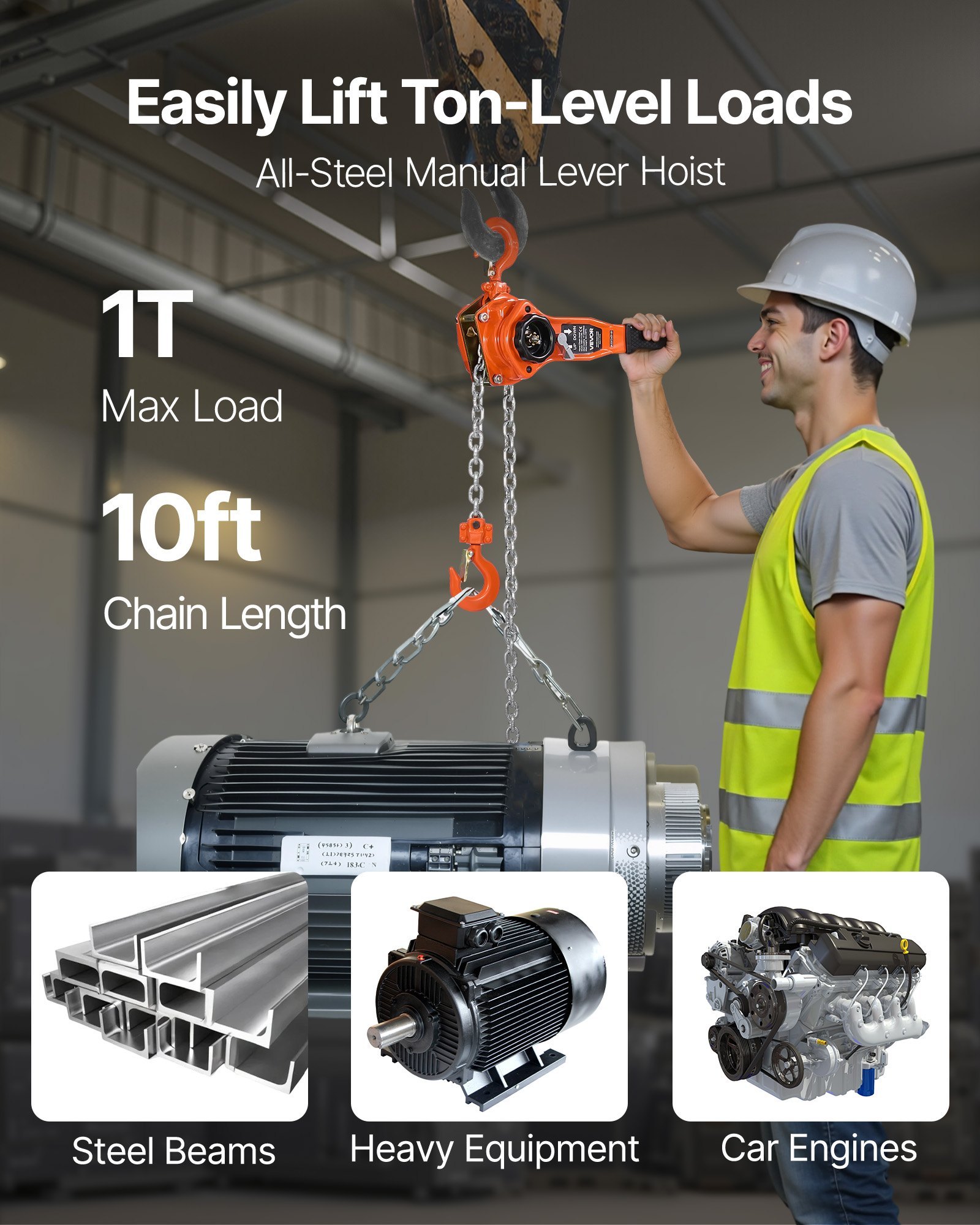 Manual Lever Chain Hoist, 1T 2200LBS Capacity Heavy Duty Come Along, 10FT Lift G80 Alloy Steel Chain With Dual Pawl Mechanical Brake,360°Rotating Hooks, For Warehouse Construction Garage - Image 5
