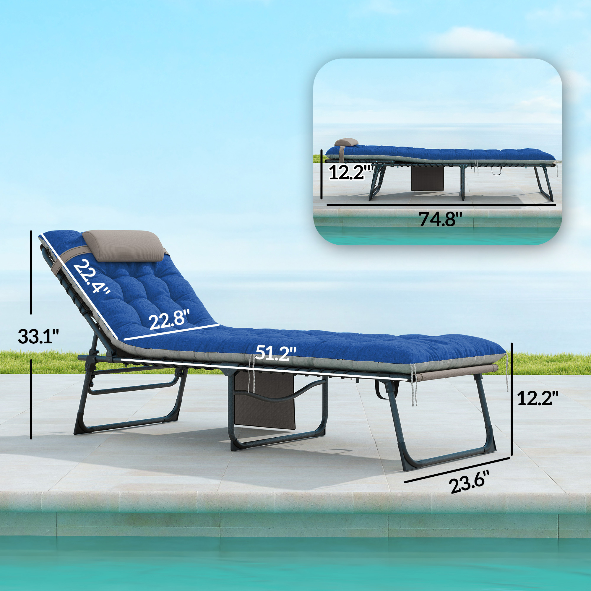 Outdoor Chaise Lounge Chair Set Of 2, 5-Level Adjustable Folding Pool Lounge Chairs With Cushions, Brown Blue - Image 5
