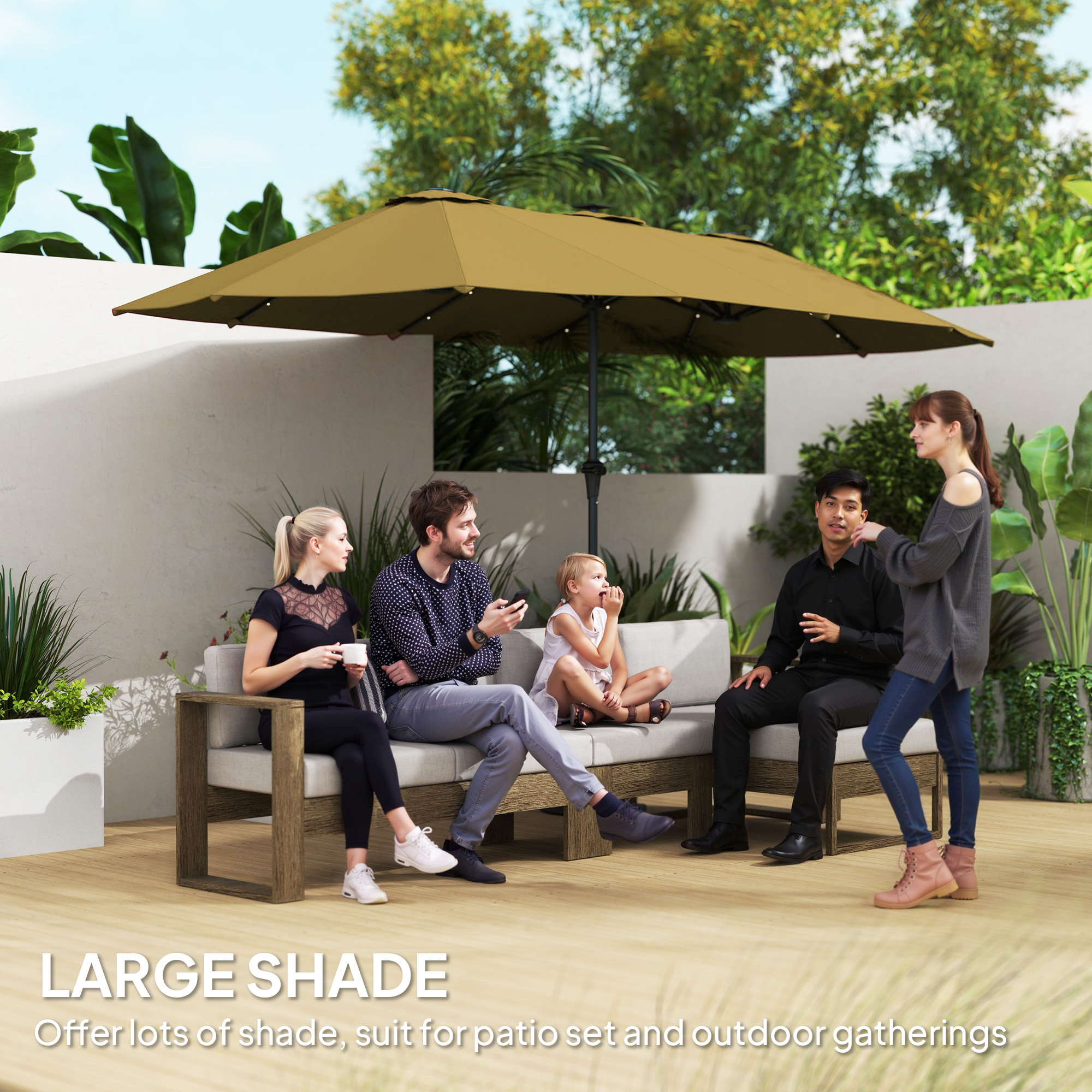 Double-Sided Market Umbrella, Large Patio Umbrella With Solar Lights, Crank Handle For Garden, Pool, Yard, Khaki - Image 3