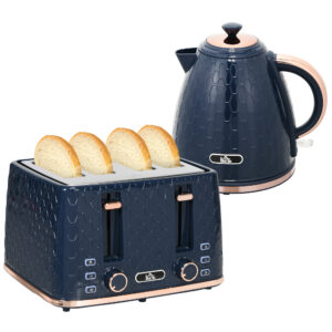 Kettle And Toaster Set, 1.7L 3000W Fast Boil Jug Kettle With Auto Shut Off, 4 Slice Toaster With 7 Level Browning Controls & Crumb Tray, UK Otter Thermostat, Blue