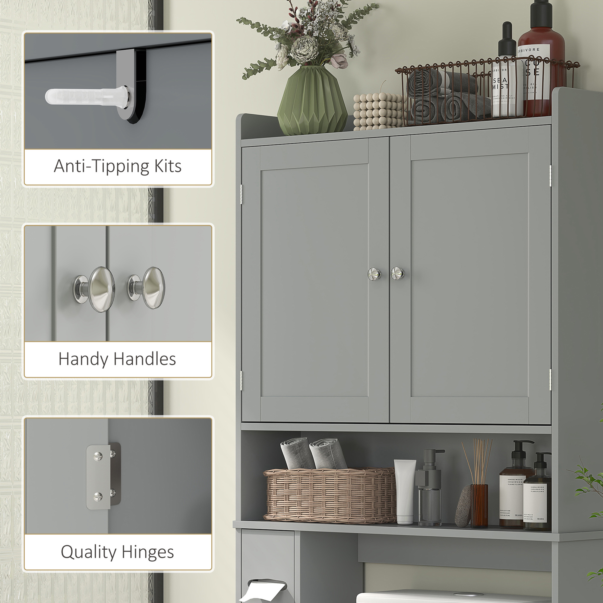 Modern Over The Toilet Storage Cabinet With 2 Doors, Above Commode Storage Cabinet With Toilet Paper Holder, Gray - Image 5
