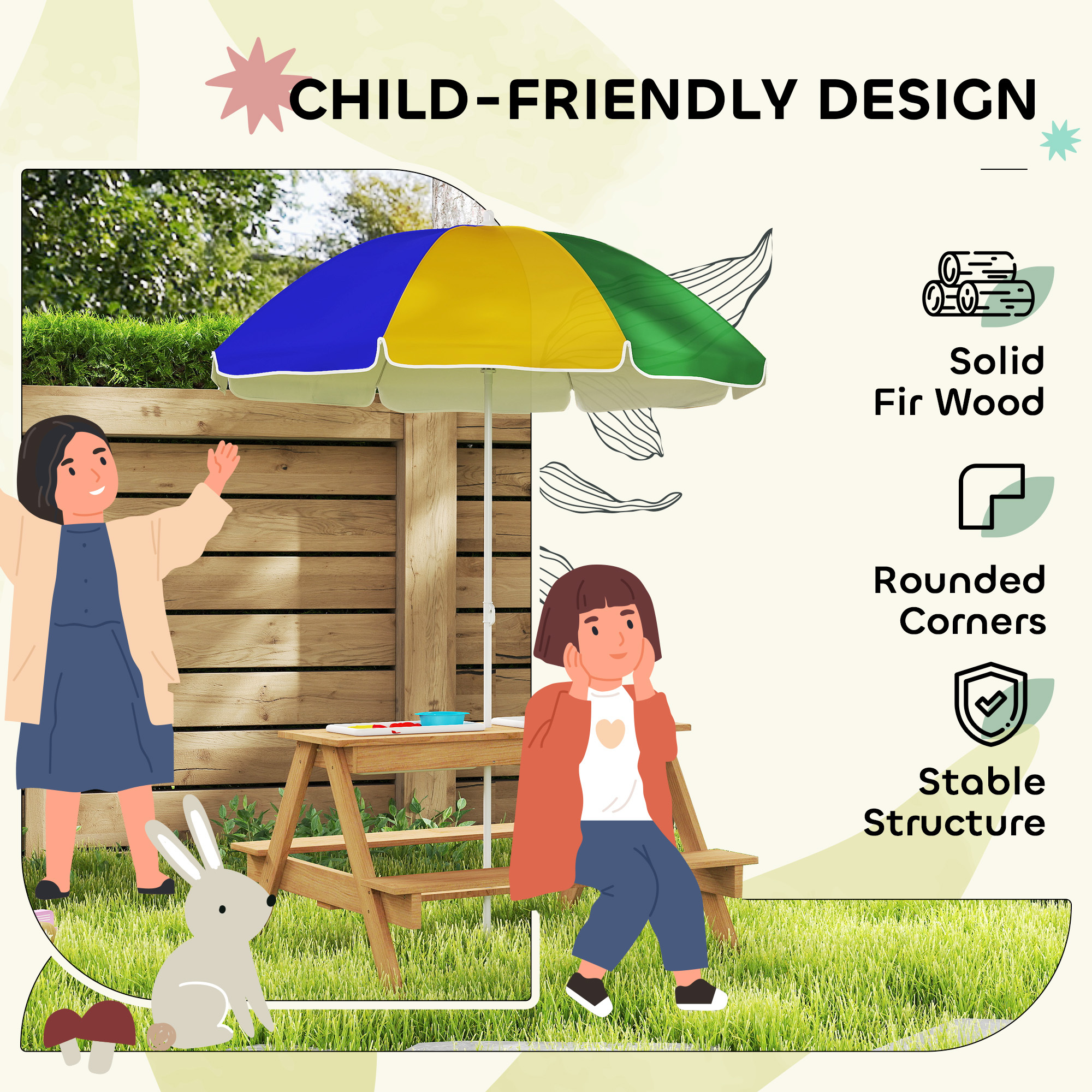 Wooden Outdoor Kids Picnic Table With Removable Umbrella, Children Sand And Water Activity Table For Patio, Mixed Color - Image 2