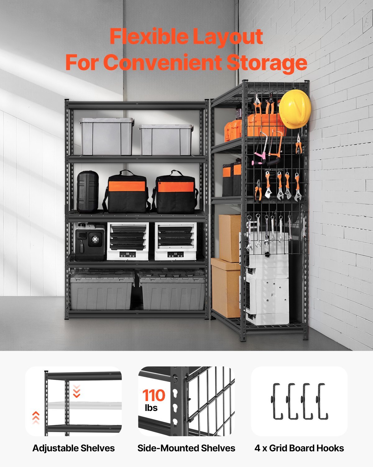 Storage Shelves, 2500 Lbs, 5 Tier Heavy Duty Garage Shelving, 18" D X 48" W X 72" H Adjustable Metal Shelves For Industrial Shelving Unit Utility Shelf, For Kitchen, Warehouse, Basement, Black - Image 4
