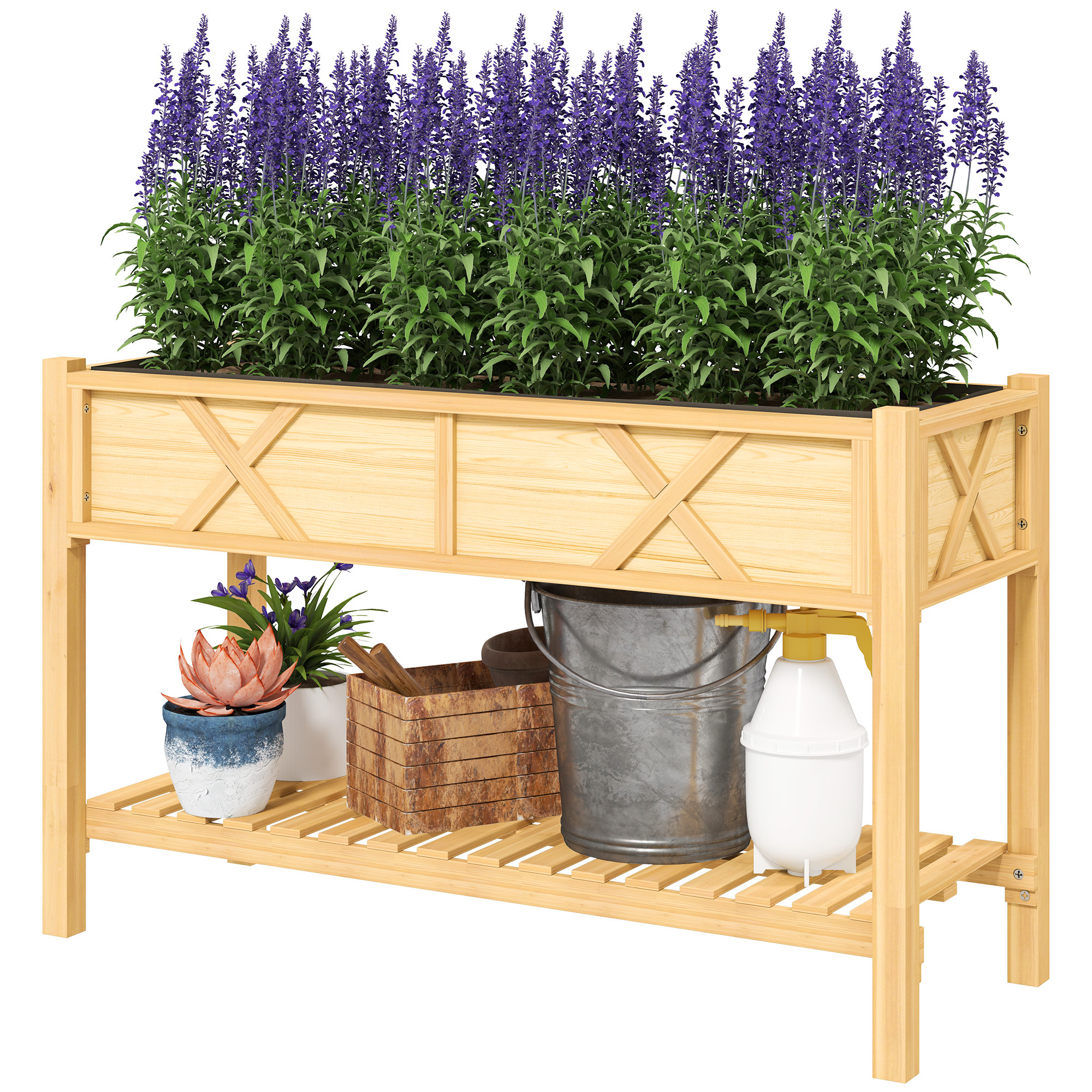 Raised Garden Bed, 47 X 22 X 31.5 In. Elevated Wood Planter Box With Storage Shelf, Drainage Holes, And Liner, Natural - Image 5