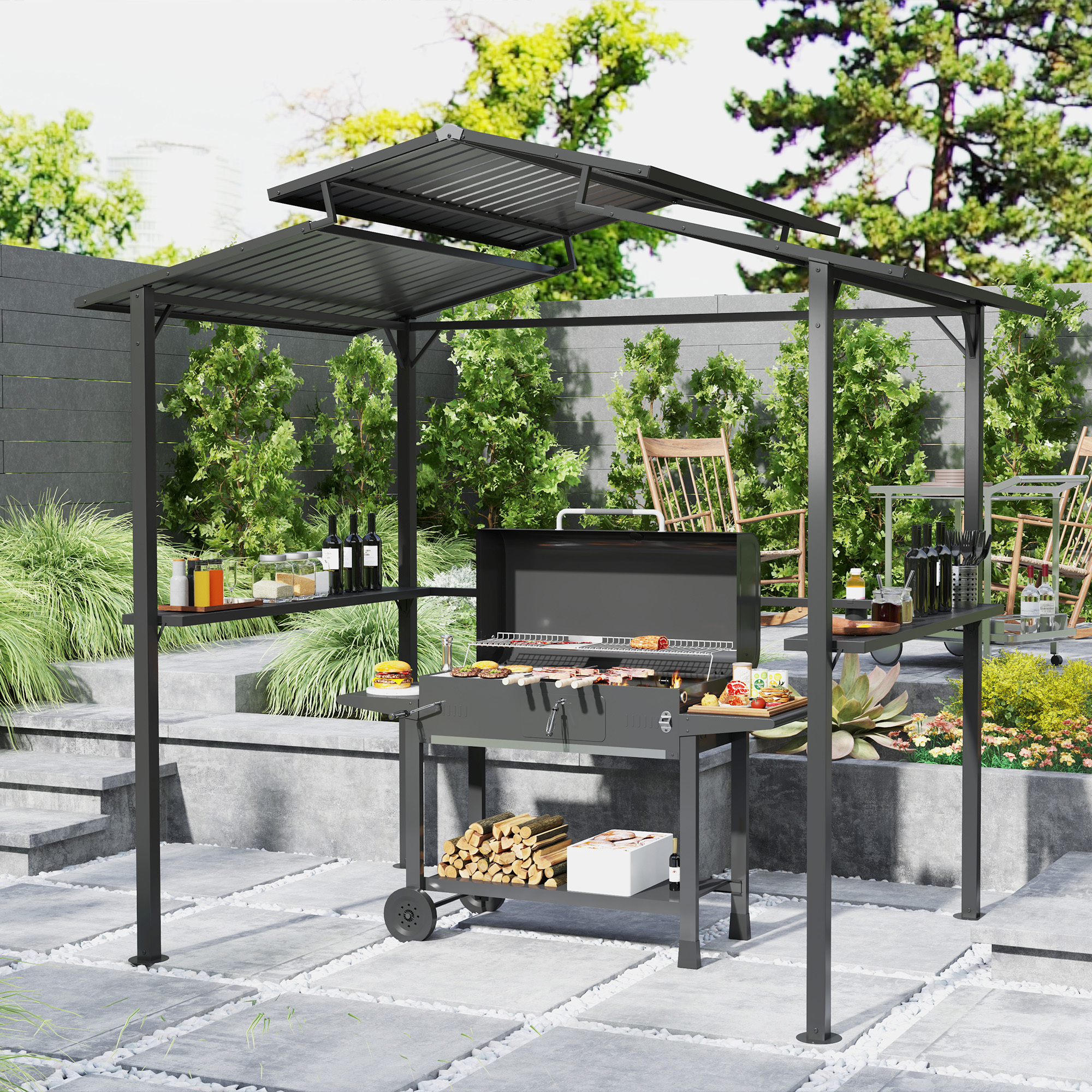 8 X 5ft Hardtop Grill Gazebo With Double Metal Roof, 2 Side Shelves And 4 Cup Holders For Patio Backyard Lawn Deck - Image 2