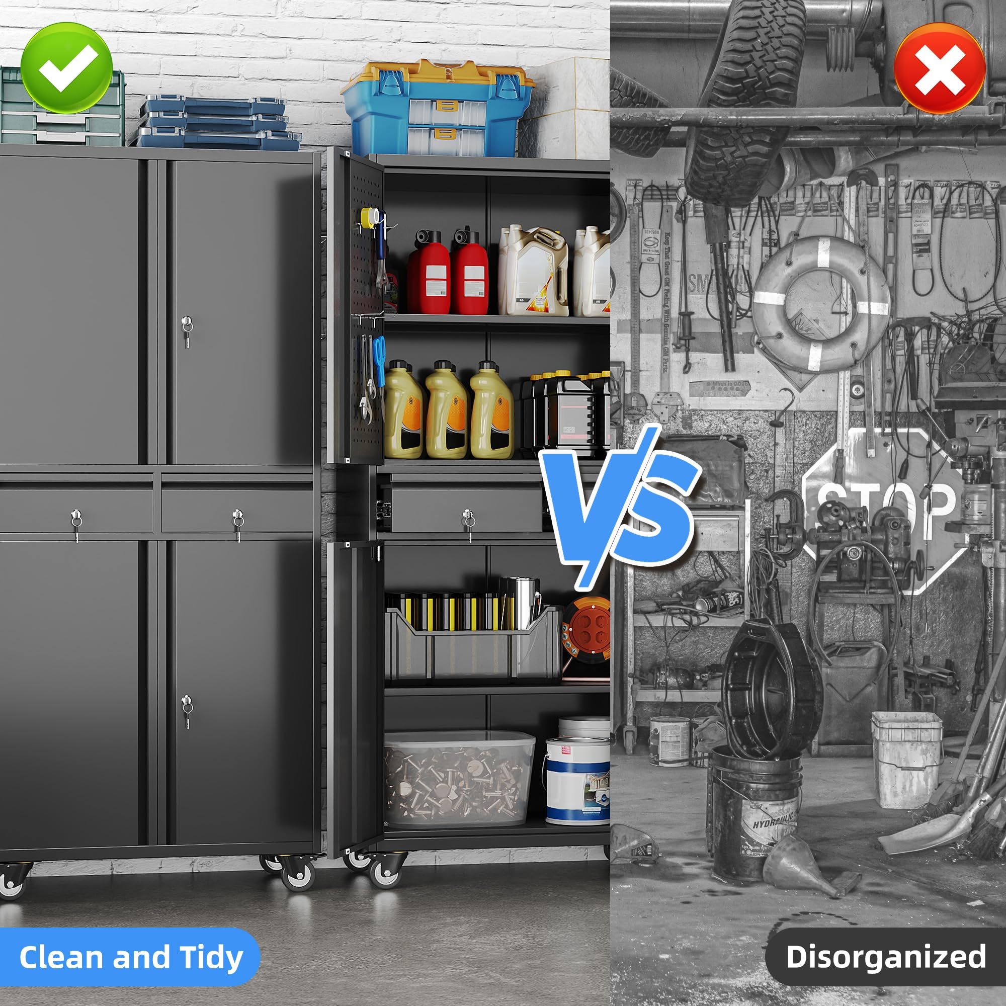 Metal Garage Storage Cabinet With 2 Drawers And 2 Adjustable Shelves, Rolling Tool Storage Cabinet With Wheels And Locking Doors For Garage, Warehouse, Black - Image 5