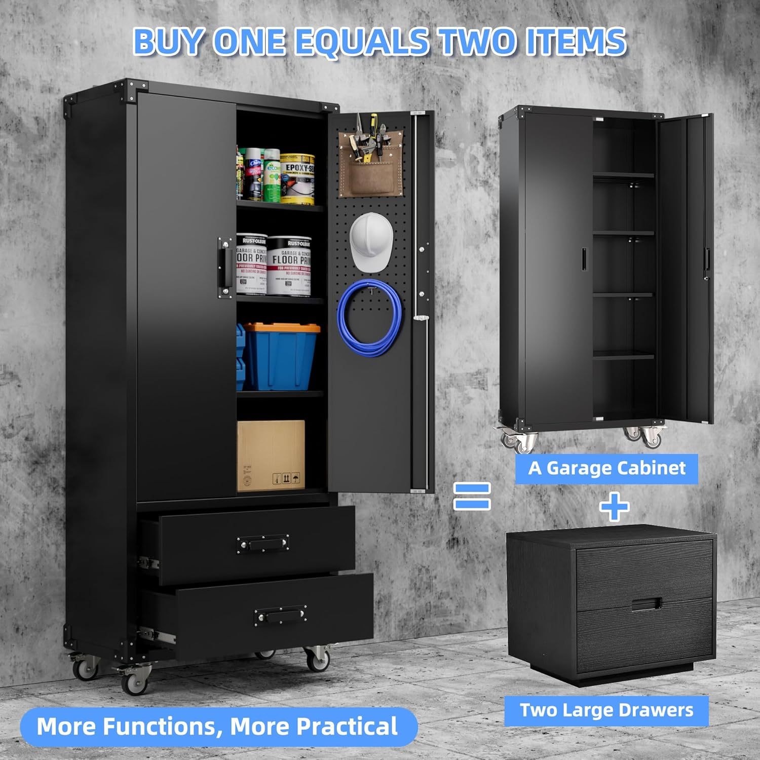 Rolling Storage Cabinet With 2 Doors And 2 Drawers, Metal Storage Cabinet With Doors And Shelves, Locking Steel Cabinet For Warehouse, Home, Office Black - Image 5