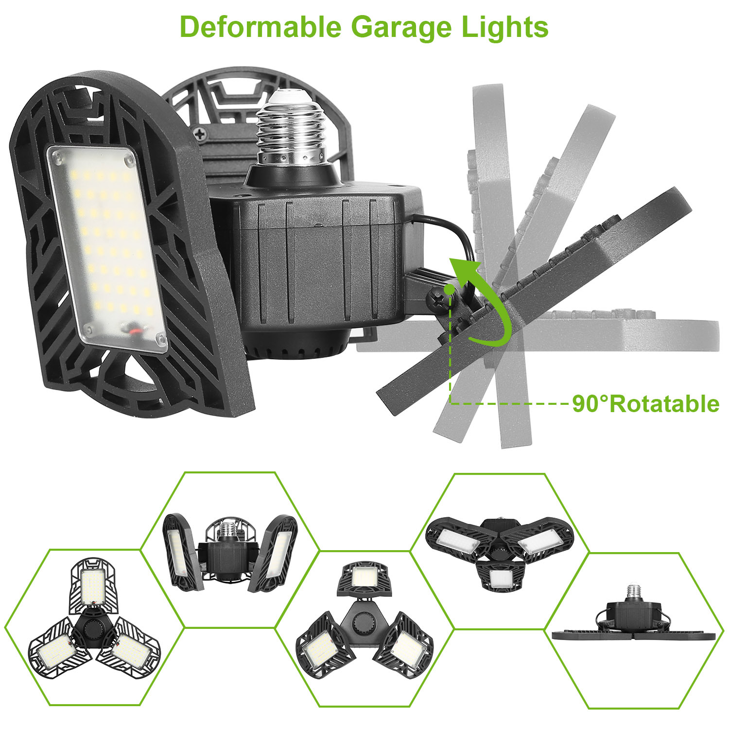 LED Garage Light E26 E27 80W 7000LM 6500K Garage Ceiling Light Deformable Workshop Lamp Die Cast Aluminum LED Ceiling Light Bulbs With 3 Adjustable Panels For Barn Shop Warehouse Workshop C - Image 8