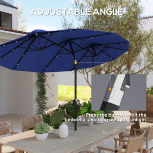 Double-sided Patio Umbrella, 9.7 Outdoor Umbrella With Tilt And Crank, LED Solar Light And 12 Ribs, Navy Blue