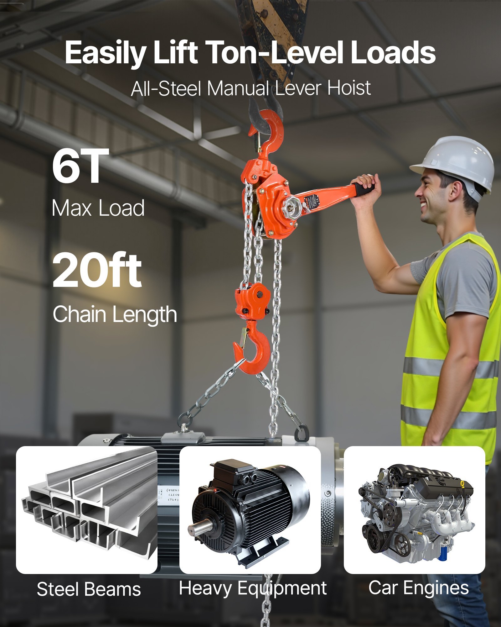 Manual Lever Chain Hoist, 6T 13200LBS Capacity Heavy Duty Come Along, 20FT Lift G80 Alloy Steel Chain With Dual Pawl Mechanical Brake,360°Rotating Hooks, For Warehouse Construction Garage - Image 2