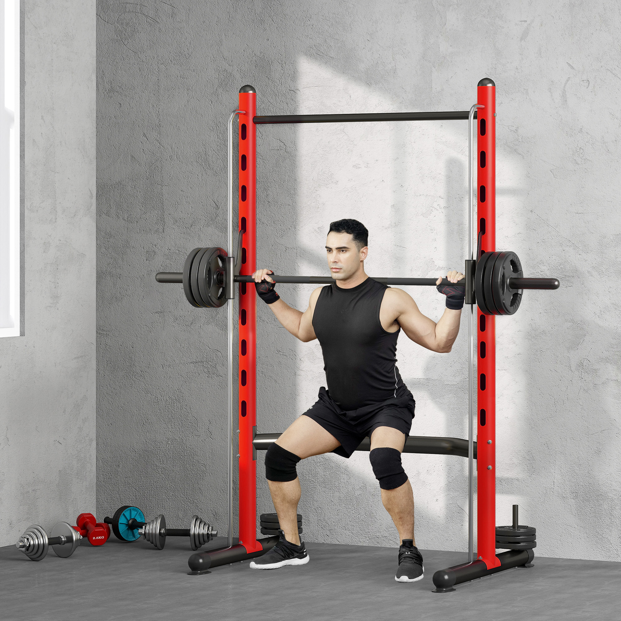 Squat Rack With Pull Up Bar And Barbell Bar Adjustable Bench Press Multi-Function Weight Lifting Half Rack, Red - Image 6