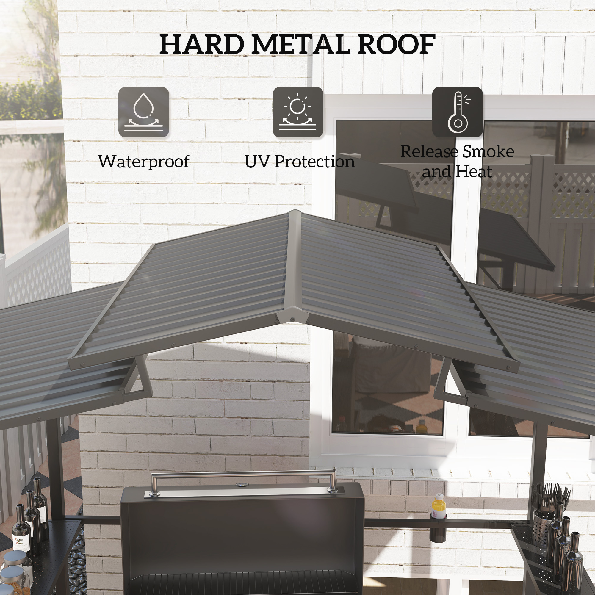 8 X 5ft Hardtop Grill Gazebo With Double Metal Roof, 2 Side Shelves And 4 Cup Holders For Patio Backyard Lawn Deck - Image 4