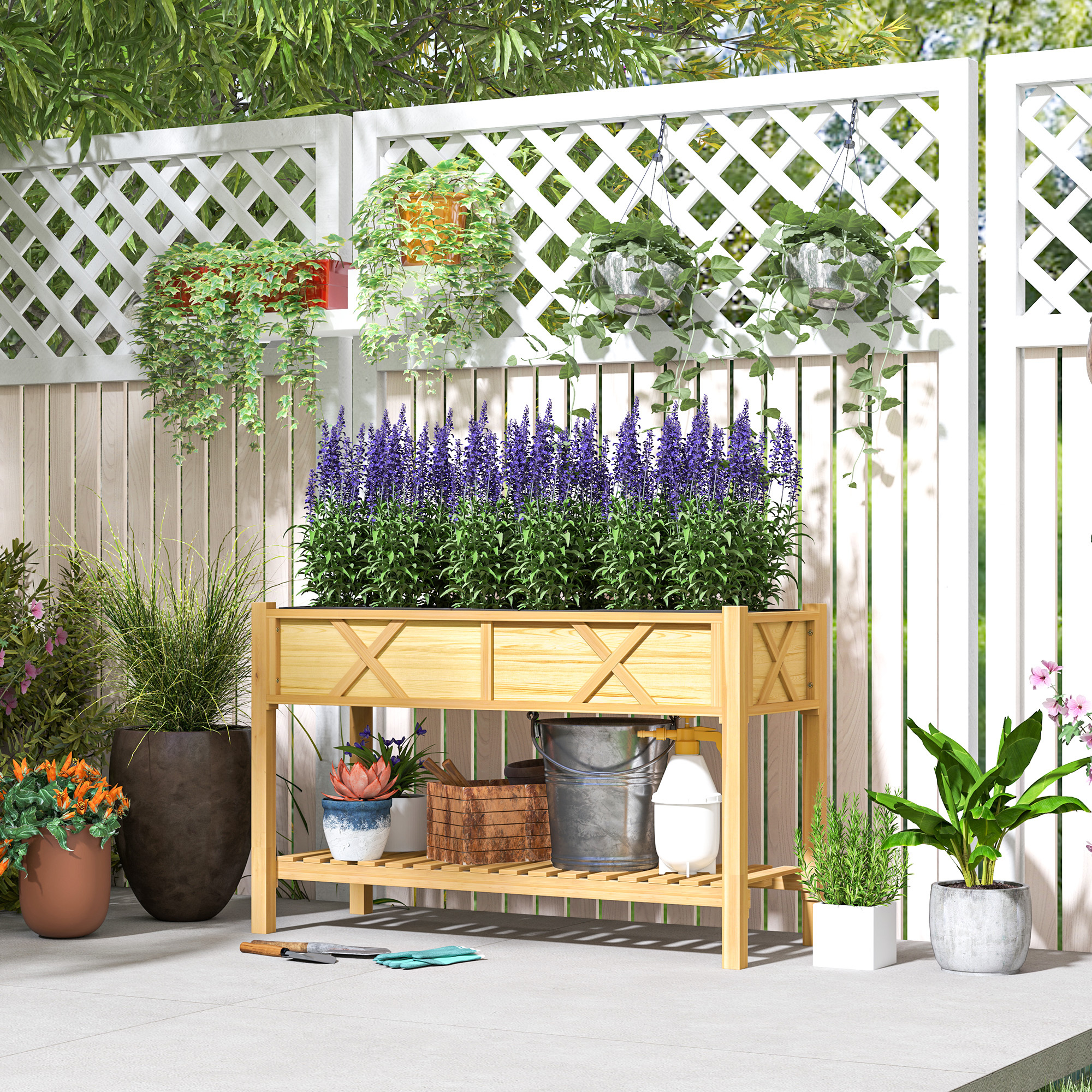 Raised Garden Bed, 47 X 22 X 31.5 In. Elevated Wood Planter Box With Storage Shelf, Drainage Holes, And Liner, Natural - Image 2