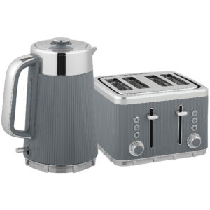 Electric Stainless Steel Kettle And Toaster Set, 3000W 1.7L UK Strix Thermostat Fast Boil Kettle W/ Limescale Filter, Cool Touch Body, 4 Slice Toaster With 7 Browning Levels, Crumb Tray, Grey