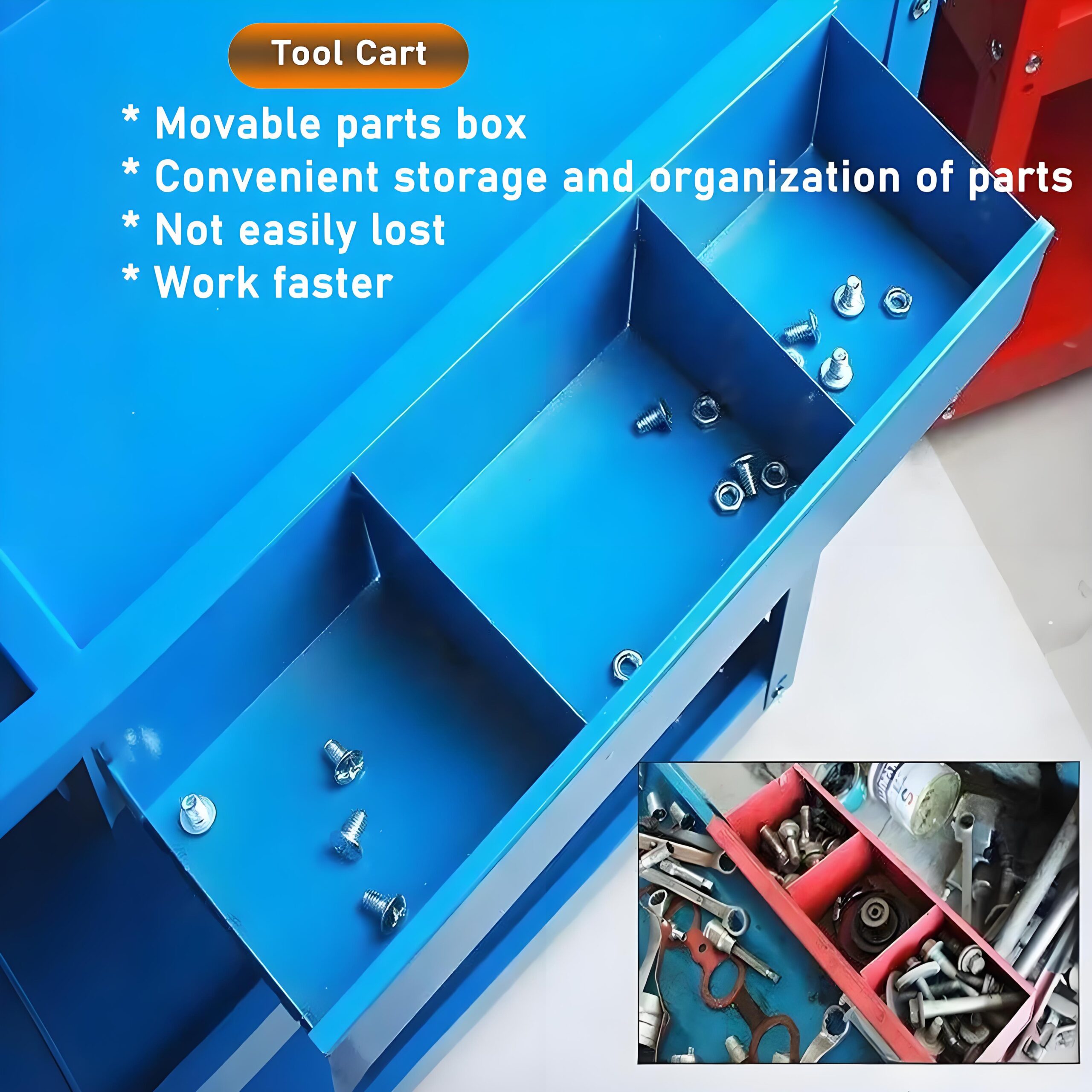 Upgrade 3-Tier Rolling Tool Cart With Lockable Wheels, Heavy Duty Steel Utility Cart, Kitchen Cart Organizer, Workshop Rolling Serving Cart For Garage, Warehouse, Blue - Image 7