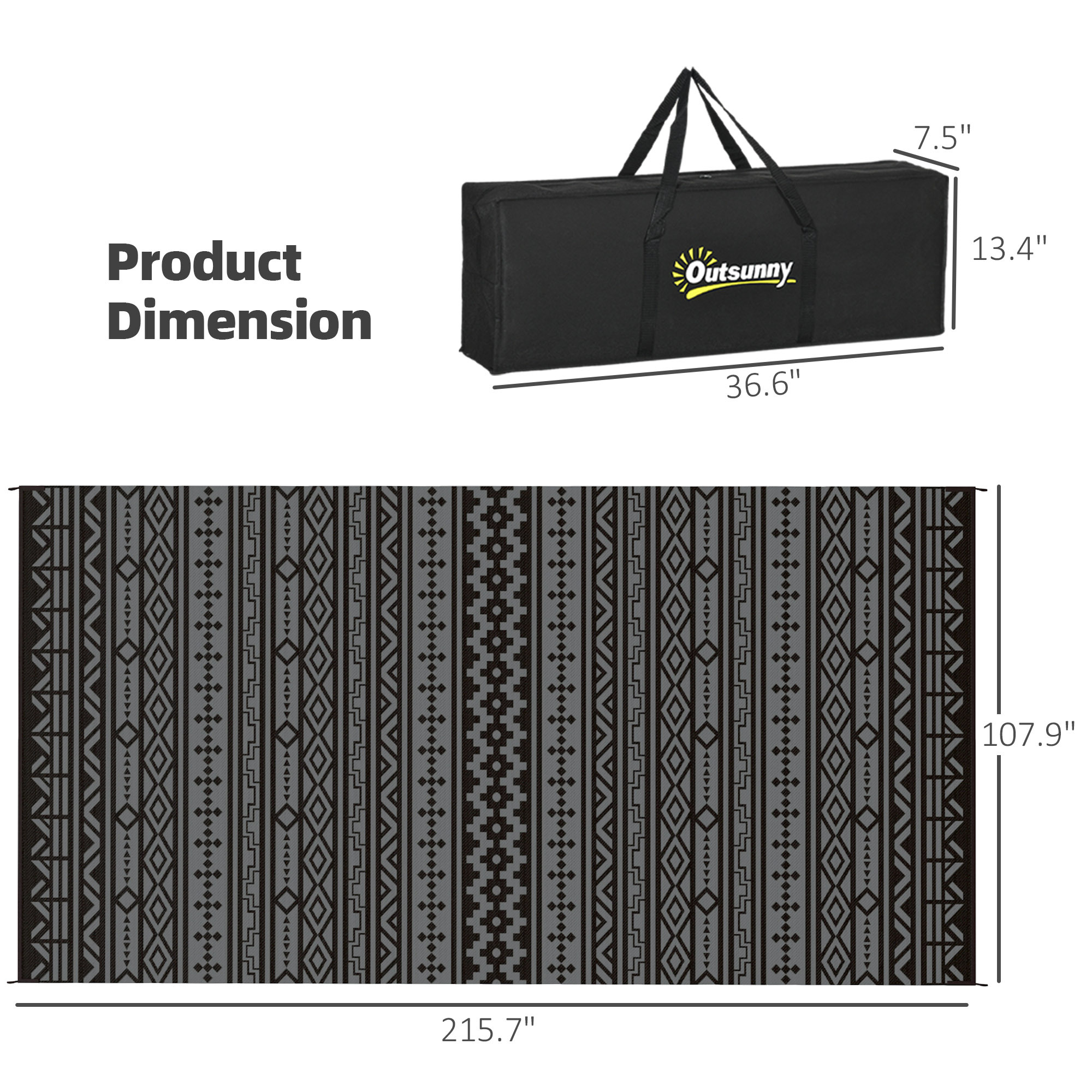 Reversible Outdoor Rug, Waterproof Plastic Straw With Carry Bag, 9 X 18, Black & Gray Geometric Wall - Image 3