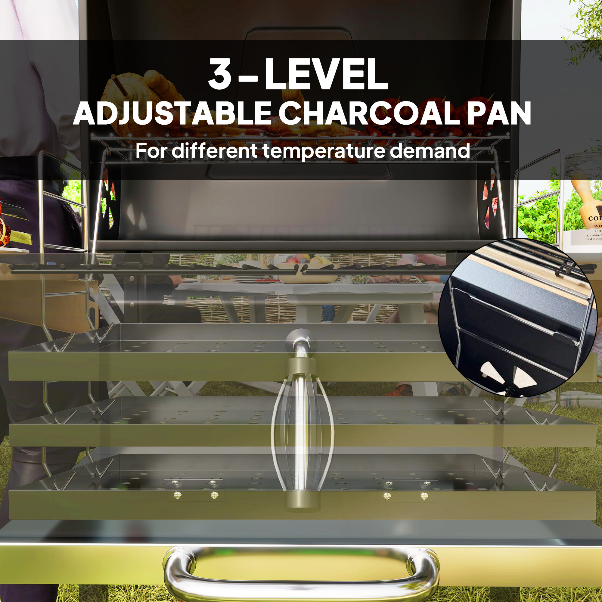 Charcoal BBQ Grill With 245 Sq. In. Cooking Area, Adjustable Charcoal Pan, 3 Shelves, Thermometer, Black - Image 5