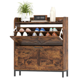 Shoe Cabinet Organizer With 2 Flip Drawers, Legs, Narrow Shoe Storage Cabinet For Entryway, Hallway, Rustic Brown