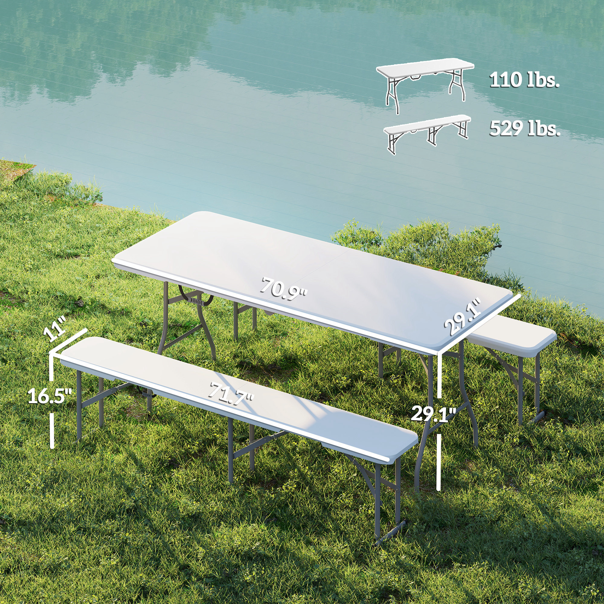 6FT 3 PCS Portable Camping Table And Chairs, Folding Picnic Table Bench Set With Carrying Handles For BBQ, Party, White - Image 6