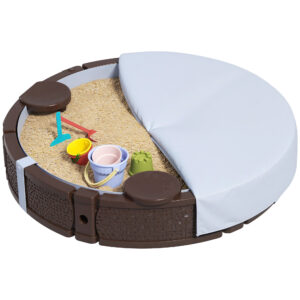 47 Round Kids Sandbox With Cover, 3 Seats, Waterproof Bottom Liner, For Backyard, Lawn, Garden, Beach, Patio, Brown
