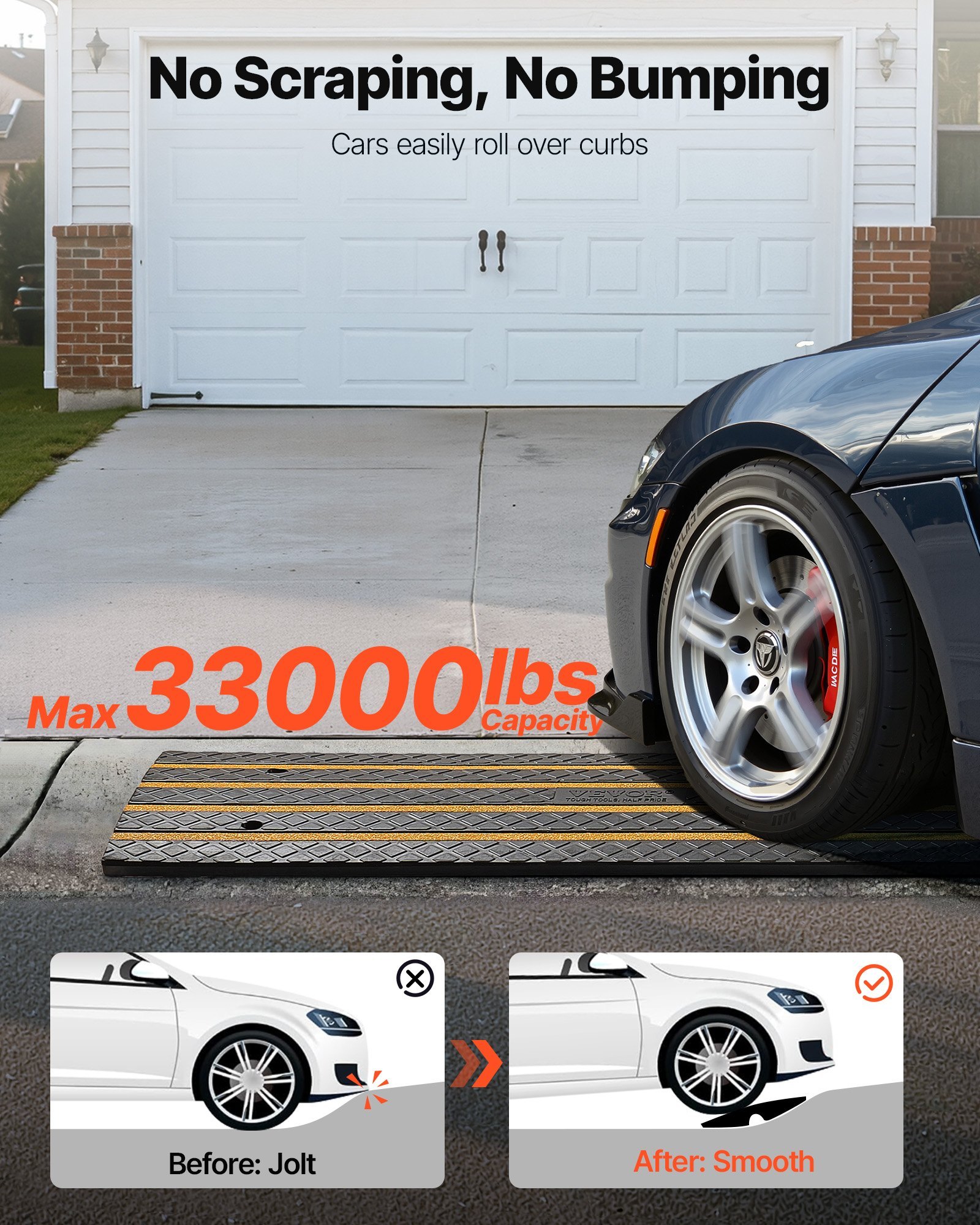 Car Driveway Rubber Curb Ramp, 33069 Lbs Load Capacity, 2.6 Inch Rise Curbside Bridge Ramp With Yellow Reflective Strips, Suitable For Loading Dock, Warehouse, Garage, Sidewalk (2 Pack) - Image 3