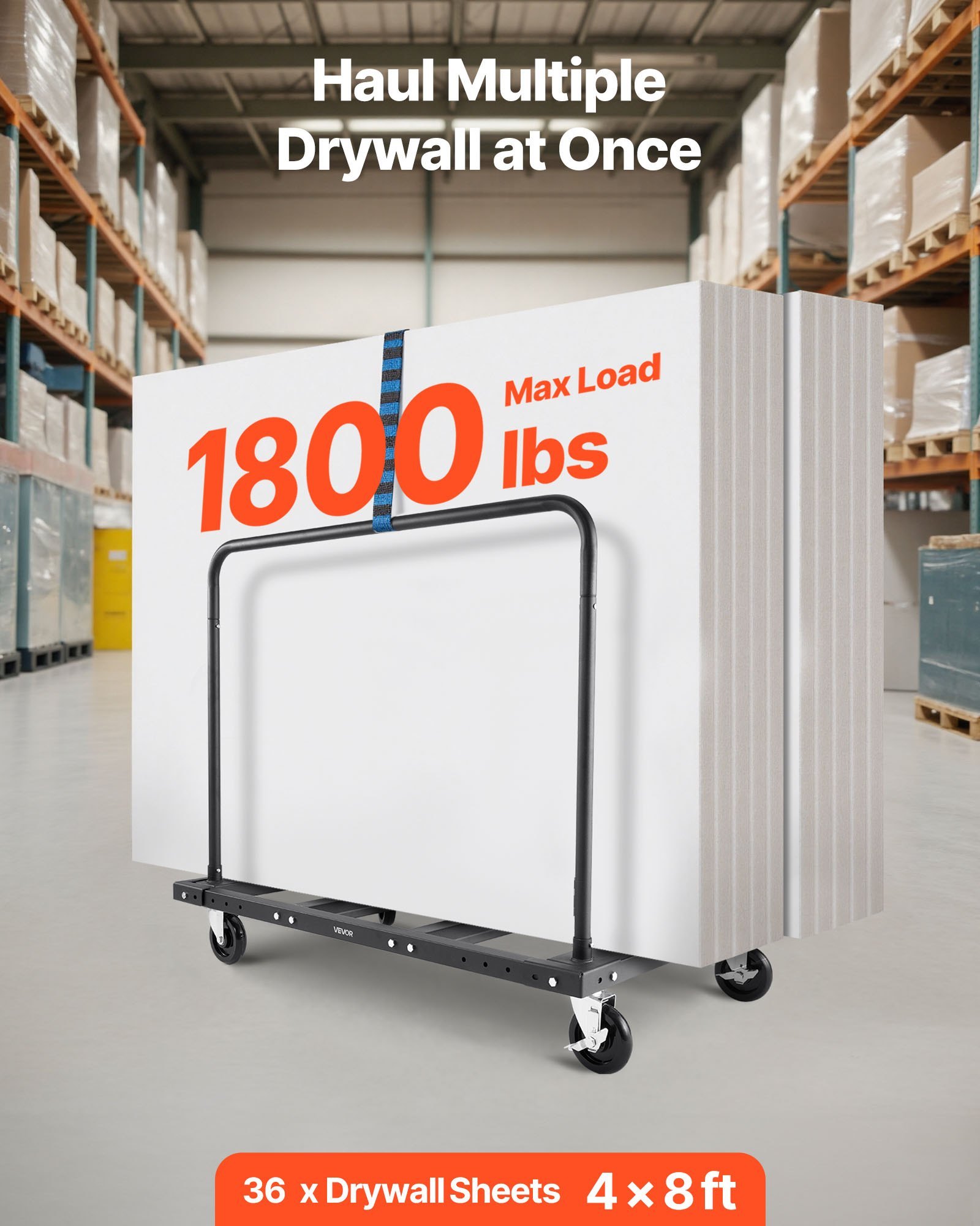 Drywall Cart Dolly, 1800 Lbs Load Capacity, Steel Panel Truck Cart With 5 Inch Swivel Casters, Lumber Drywall Dolly With Tie-Down Strap & 2 Side Handrails For Factory, Warehouse, Garage, Black - Image 3