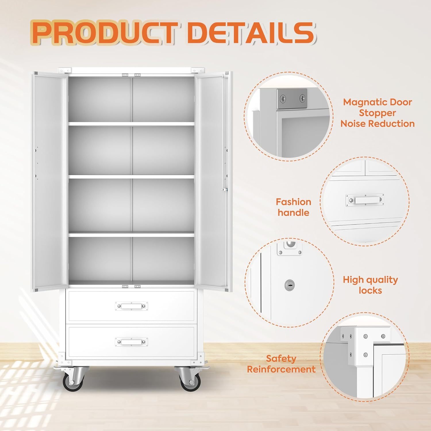 Rolling Storage Cabinet With 2 Doors And 2 Drawers, Metal Storage Cabinet With Doors And Shelves, Locking Steel Cabinet For Warehouse, Home, Office White - Image 5